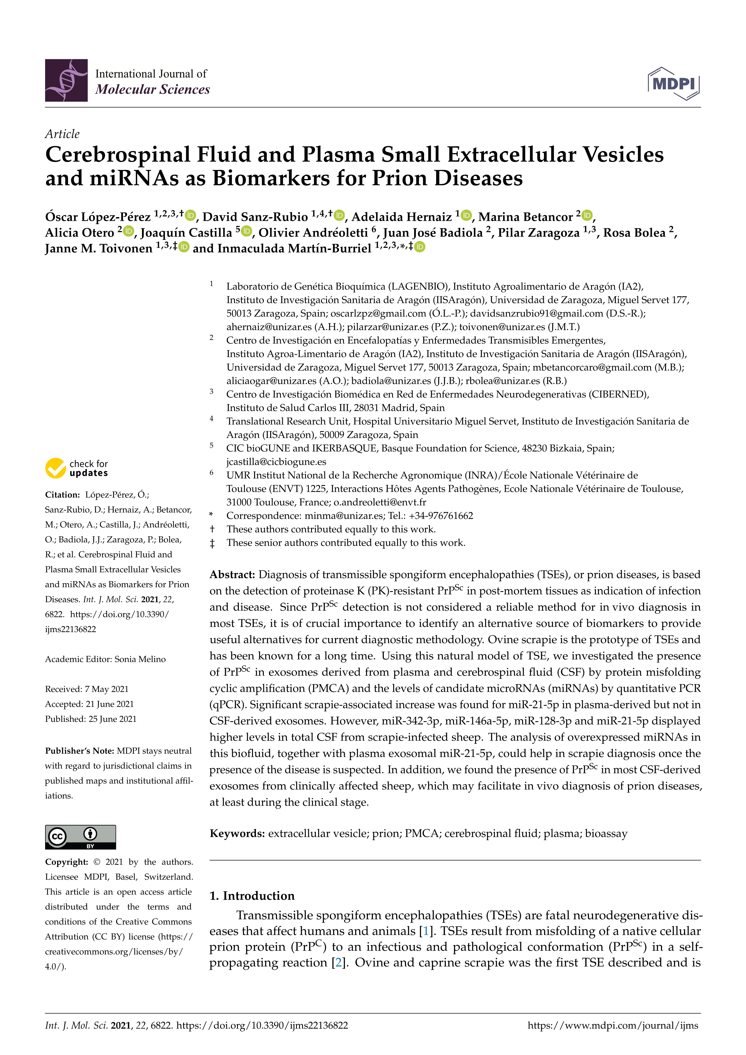 Cerebrospinal fluid and plasma small extracellular vesicles and mirnas as biomarkers for prion diseases