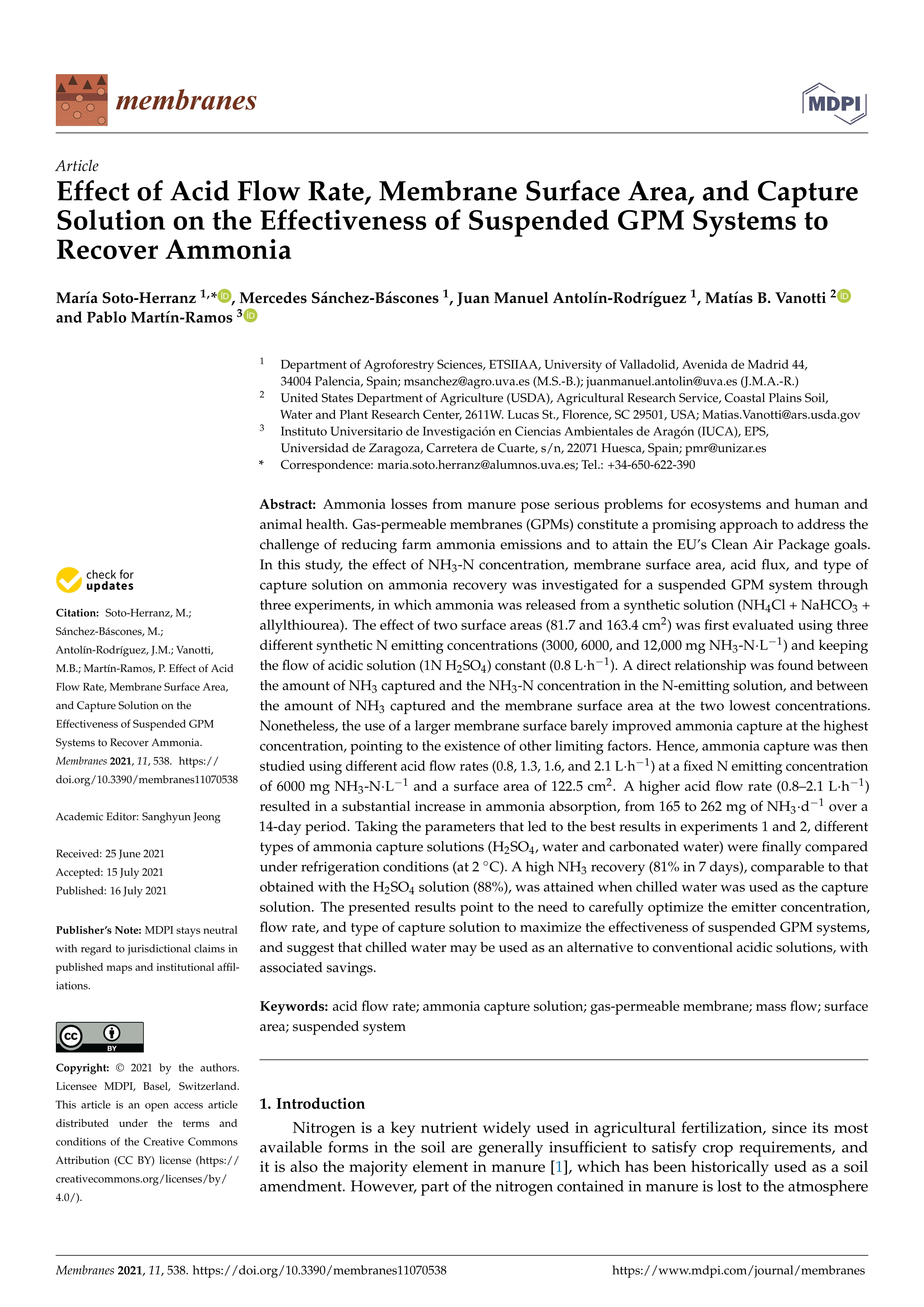 Effect of acid flow rate, membrane surface area, and capture solution on the effectiveness of suspended GPM systems to recover ammonia