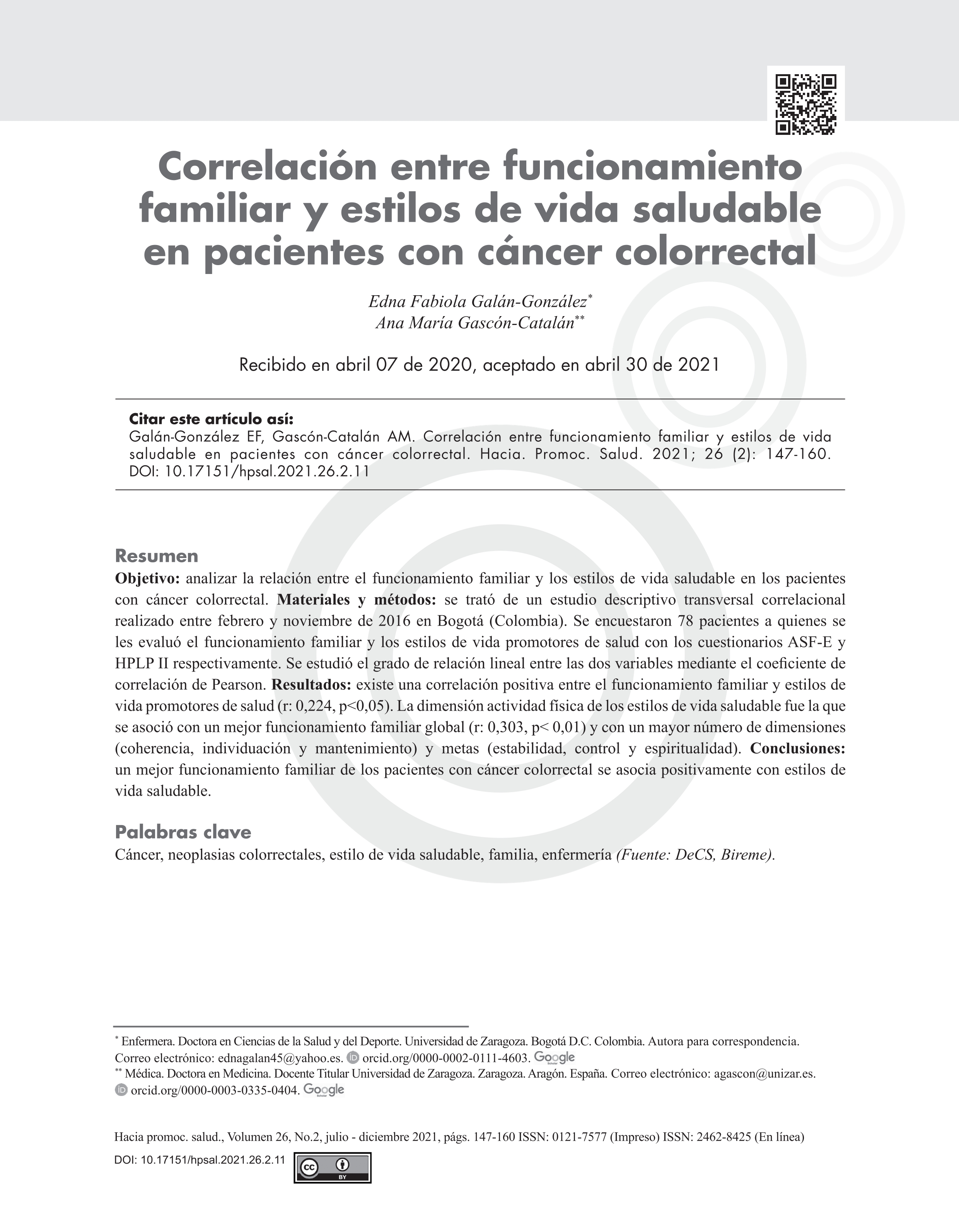 Correlación entre funcionamiento familiar y estilos de vida saludable en pacientes con cáncer colorrectal