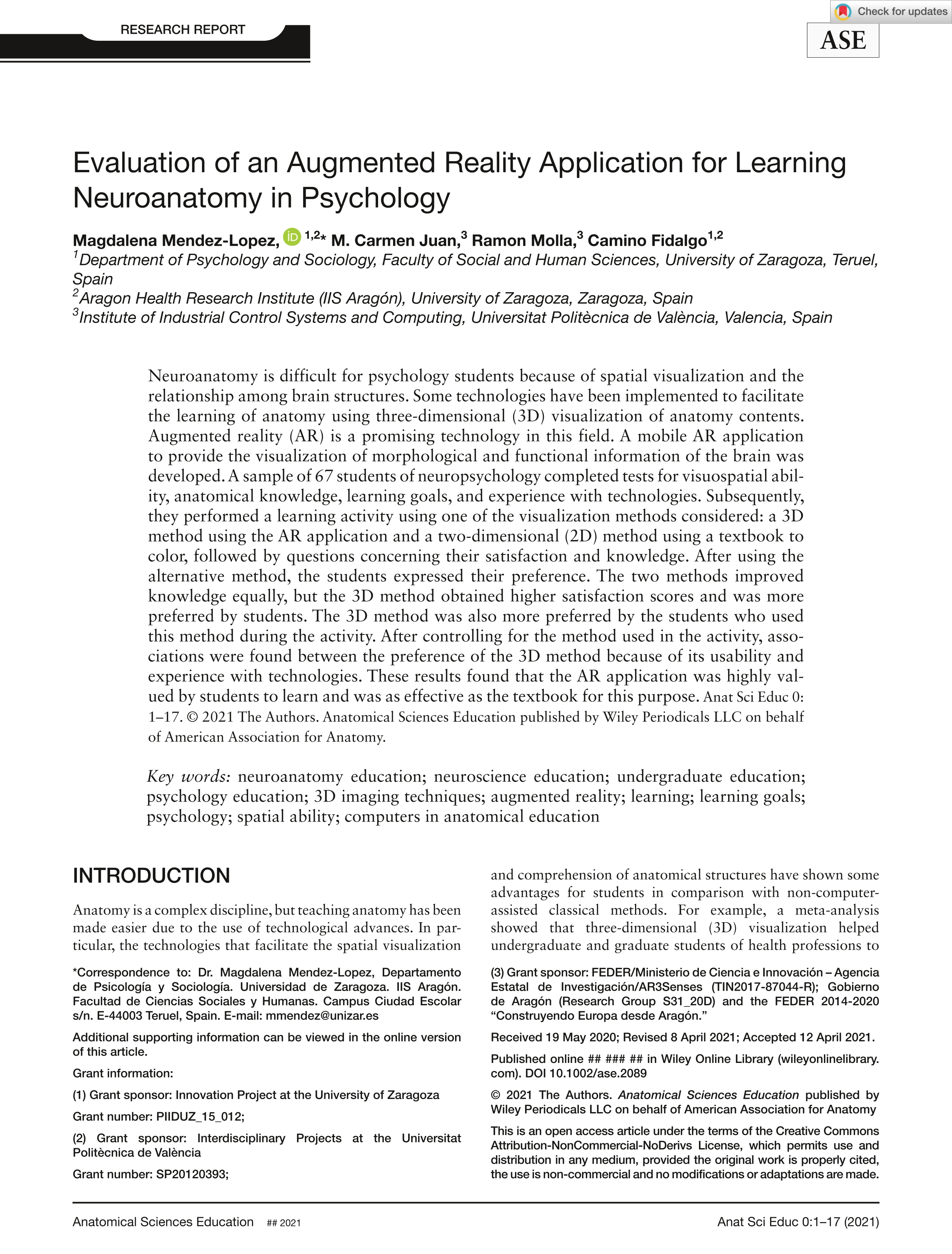 Evaluation of an augmented reality application for learning neuroanatomy in psychology