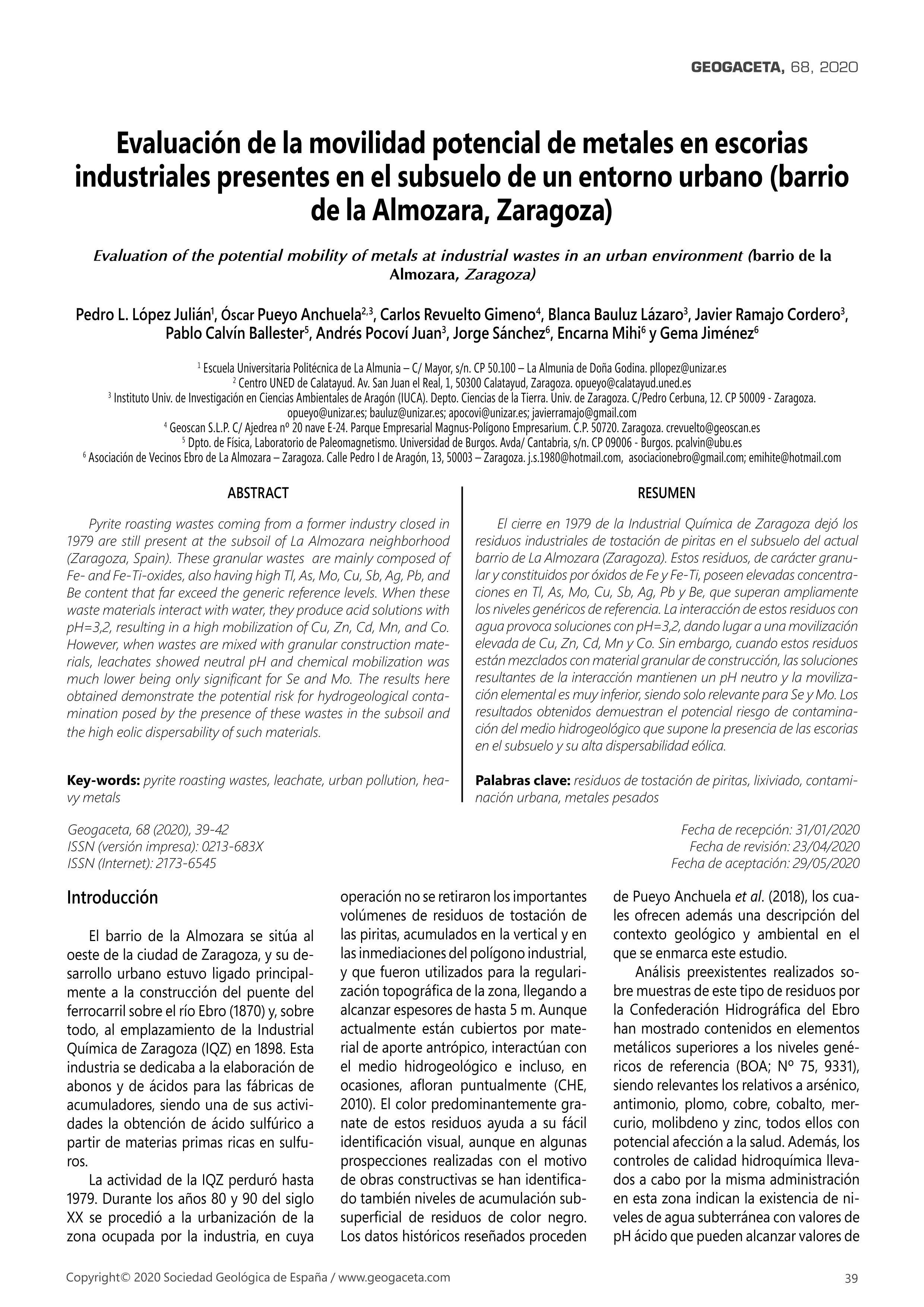 Evaluación de la movilidad potencial de metales en escorias industriales presentes en el subsuelo de un entorno urbano (barrio de la Almozara, Zaragoza)