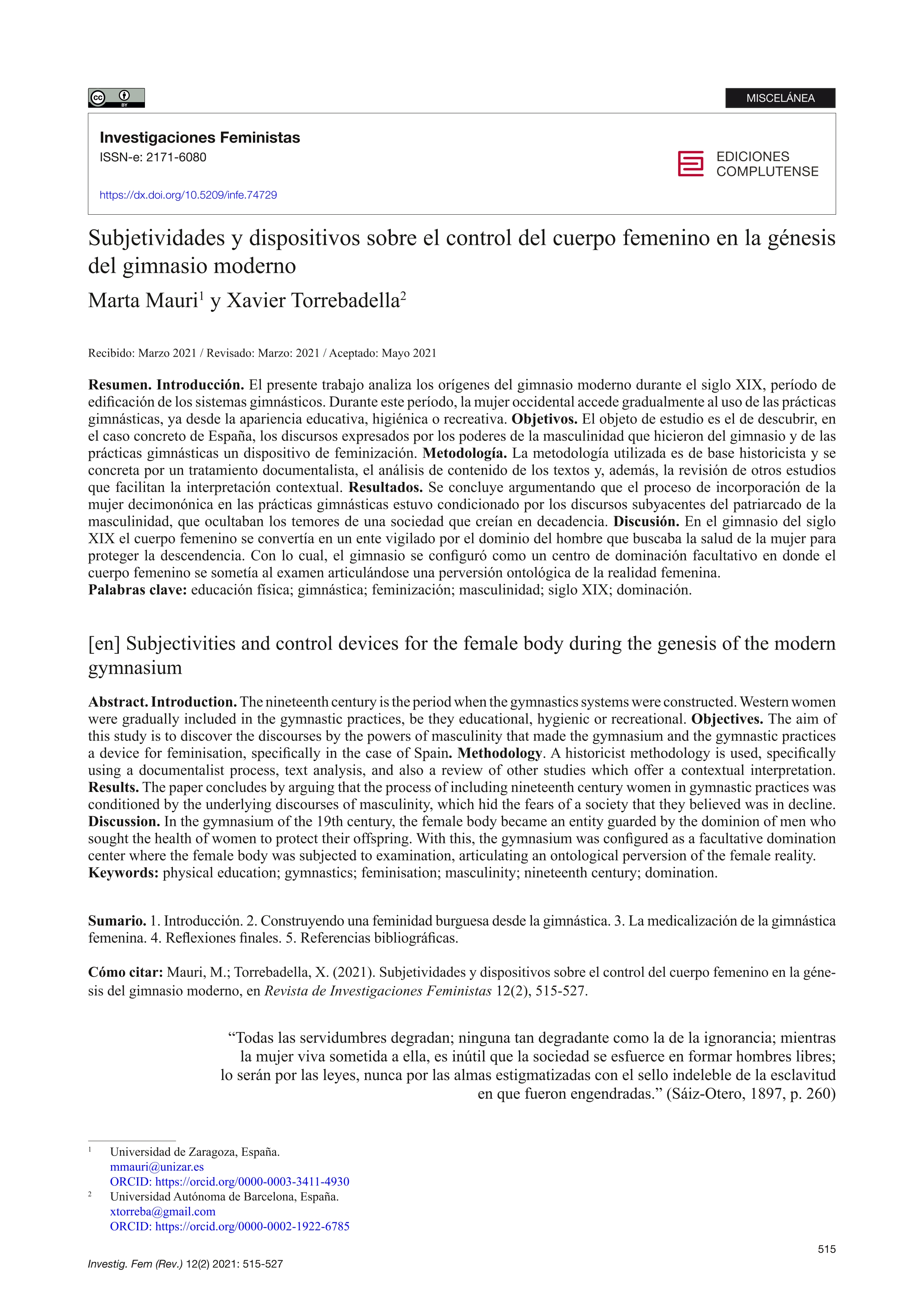 Subjetividades y dispositivos sobre el control del cuerpo femenino en la génesis del gimnasio moderno