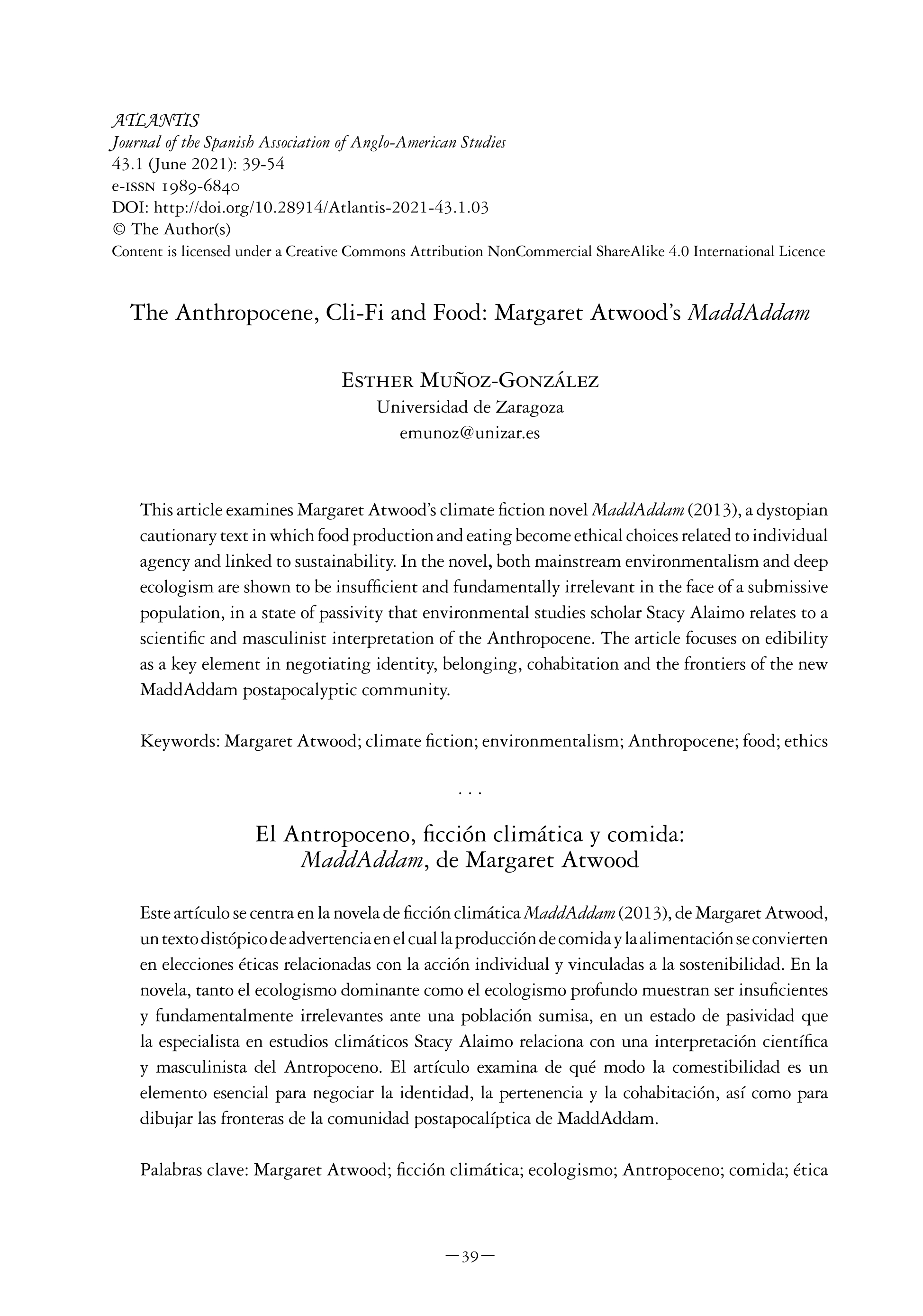 The Anthropocene, Cli-Fi and Food: Margaret Atwood's MaddAddam