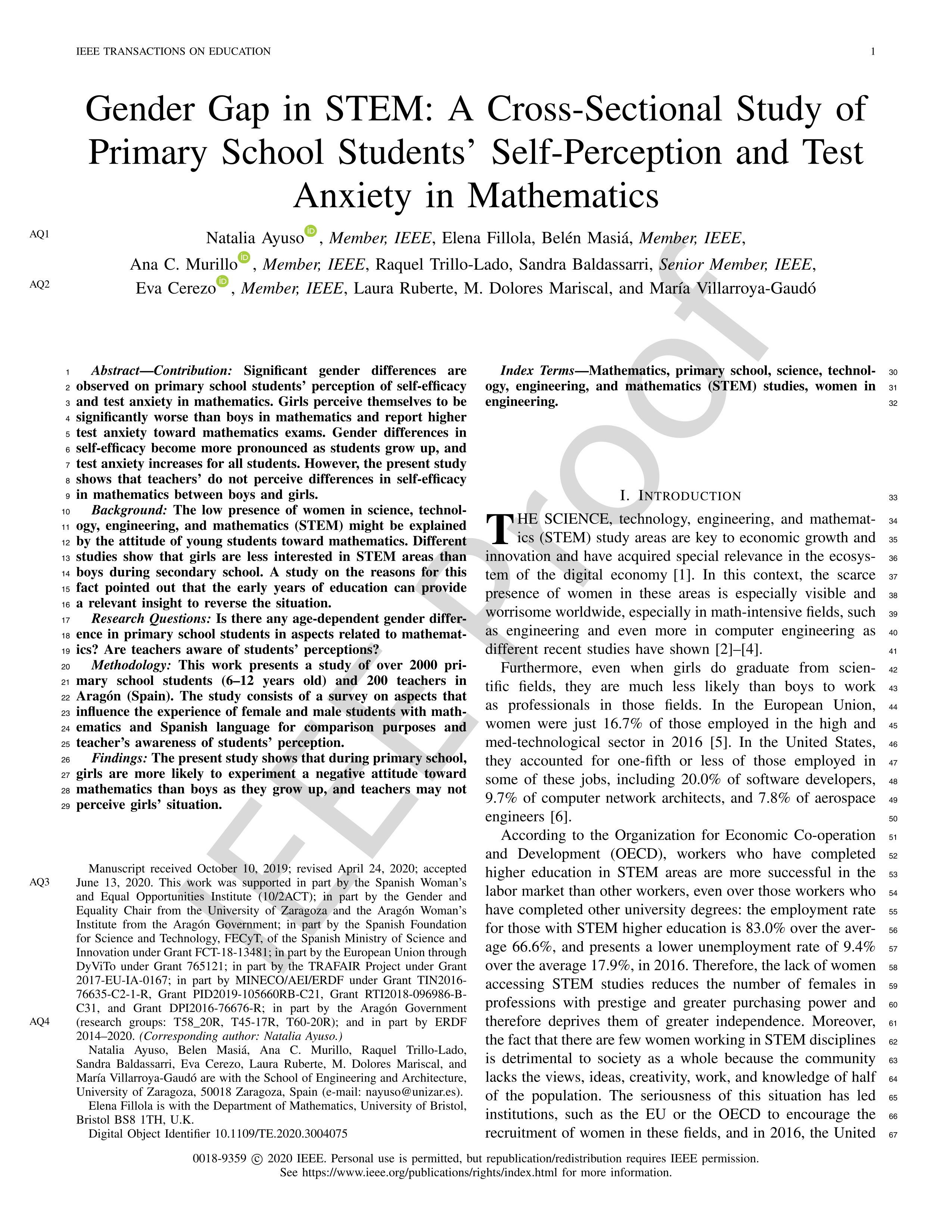 Gender gap in STEM: a cross-sectional study of primary school students’ self-perception and test anxiety in mathematics