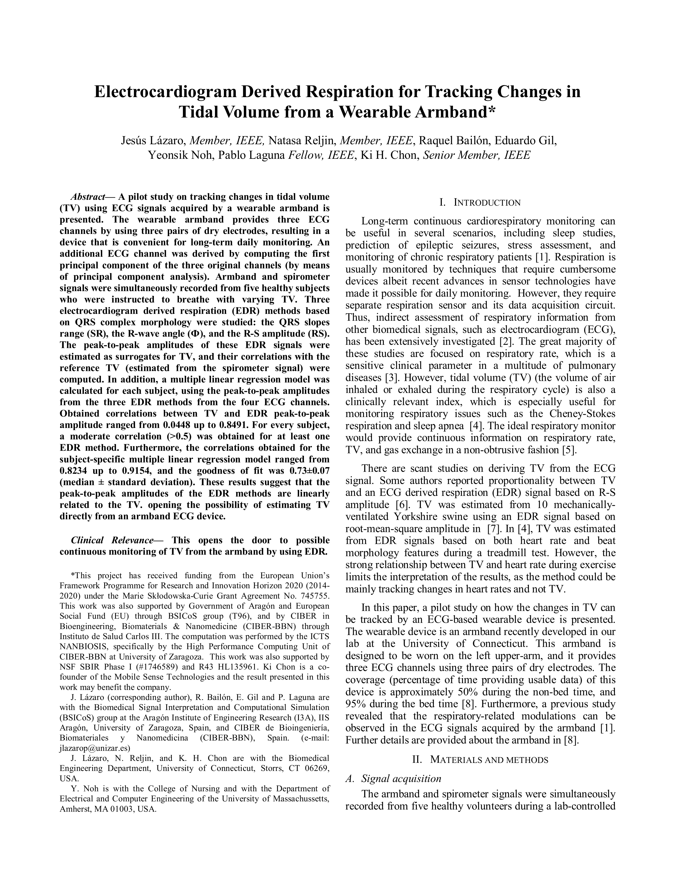 Electrocardiogram Derived Respiration for Tracking Changes in Tidal Volume from a Wearable Armband