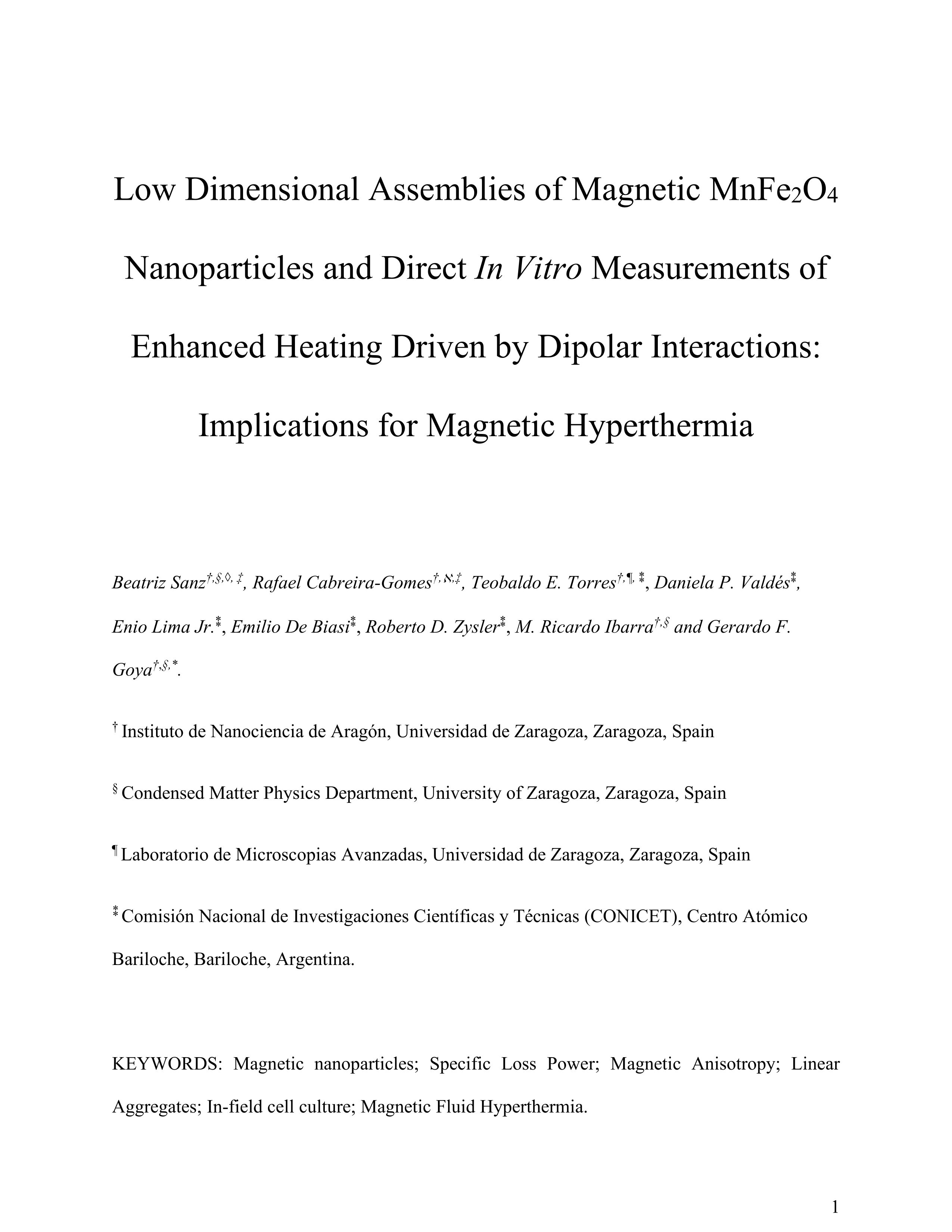 Low-Dimensional Assemblies of Magnetic MnFe2O4 Nanoparticles and Direct In Vitro Measurements of Enhanced Heating Driven by Dipolar Interactions: Implications for Magnetic Hyperthermia