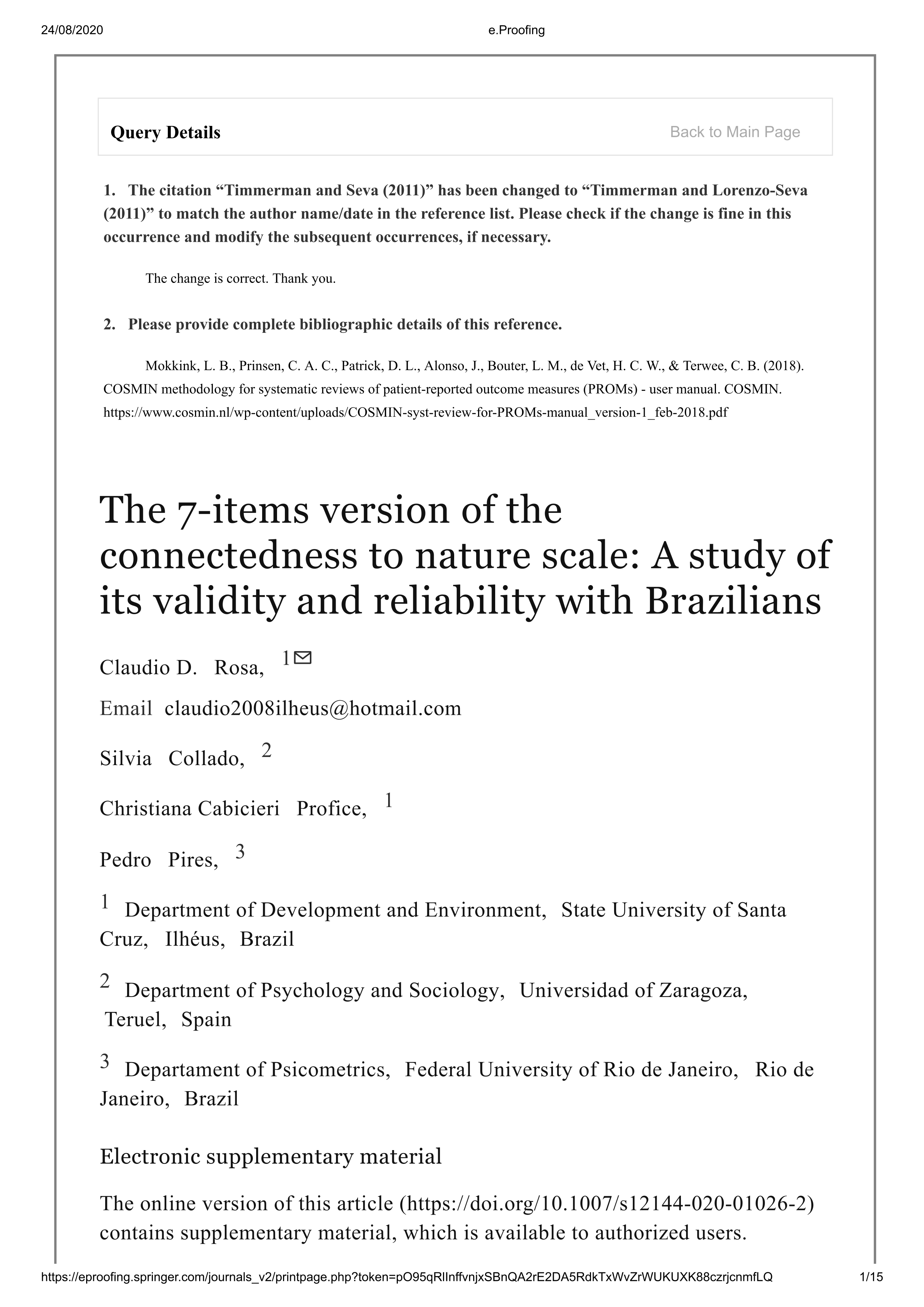 The 7-items version of the connectedness to nature scale: A study of its validity and reliability with Brazilians