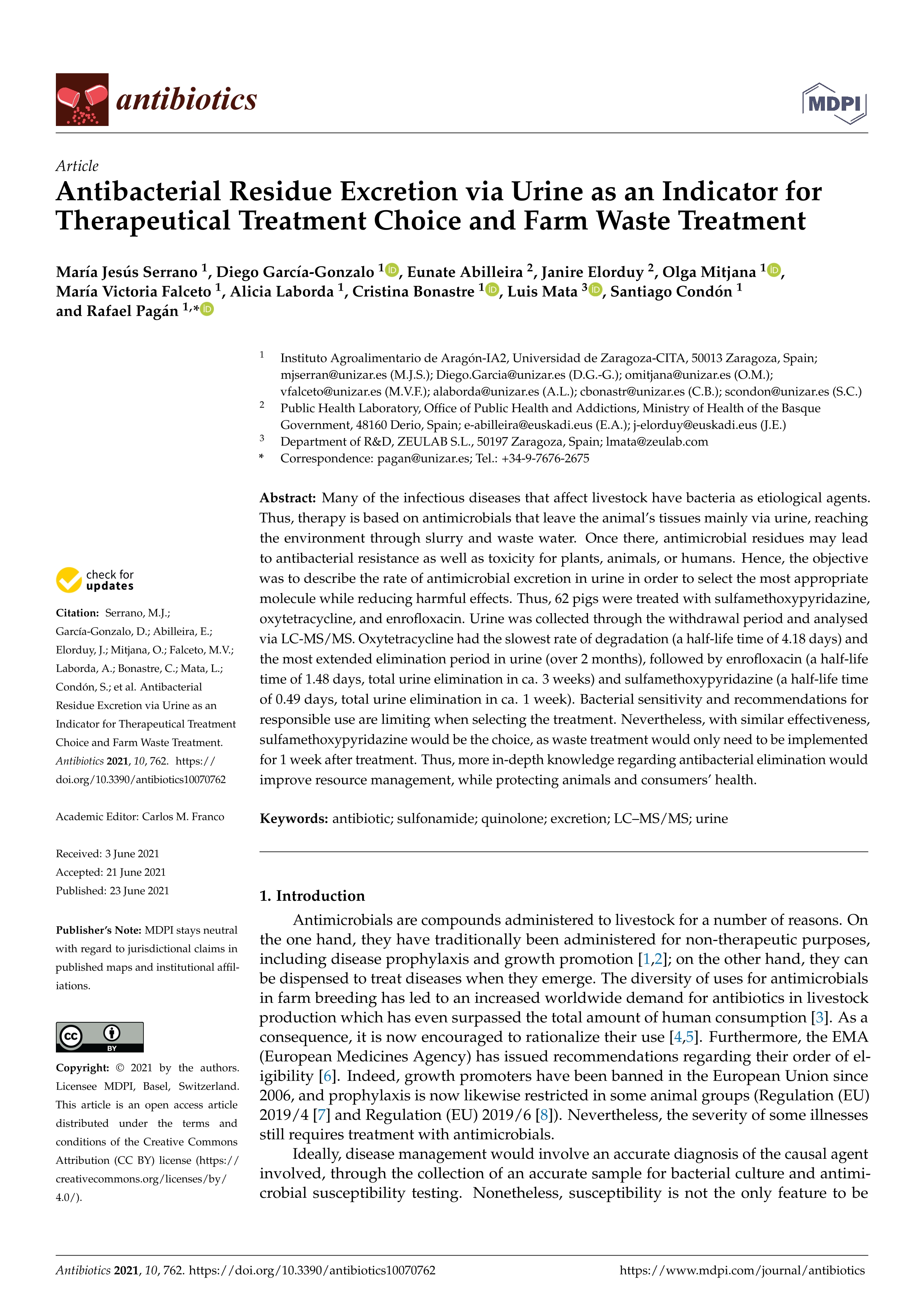 Antibacterial residue excretion via urine as an indicator for therapeutical treatment choice and farm waste treatment