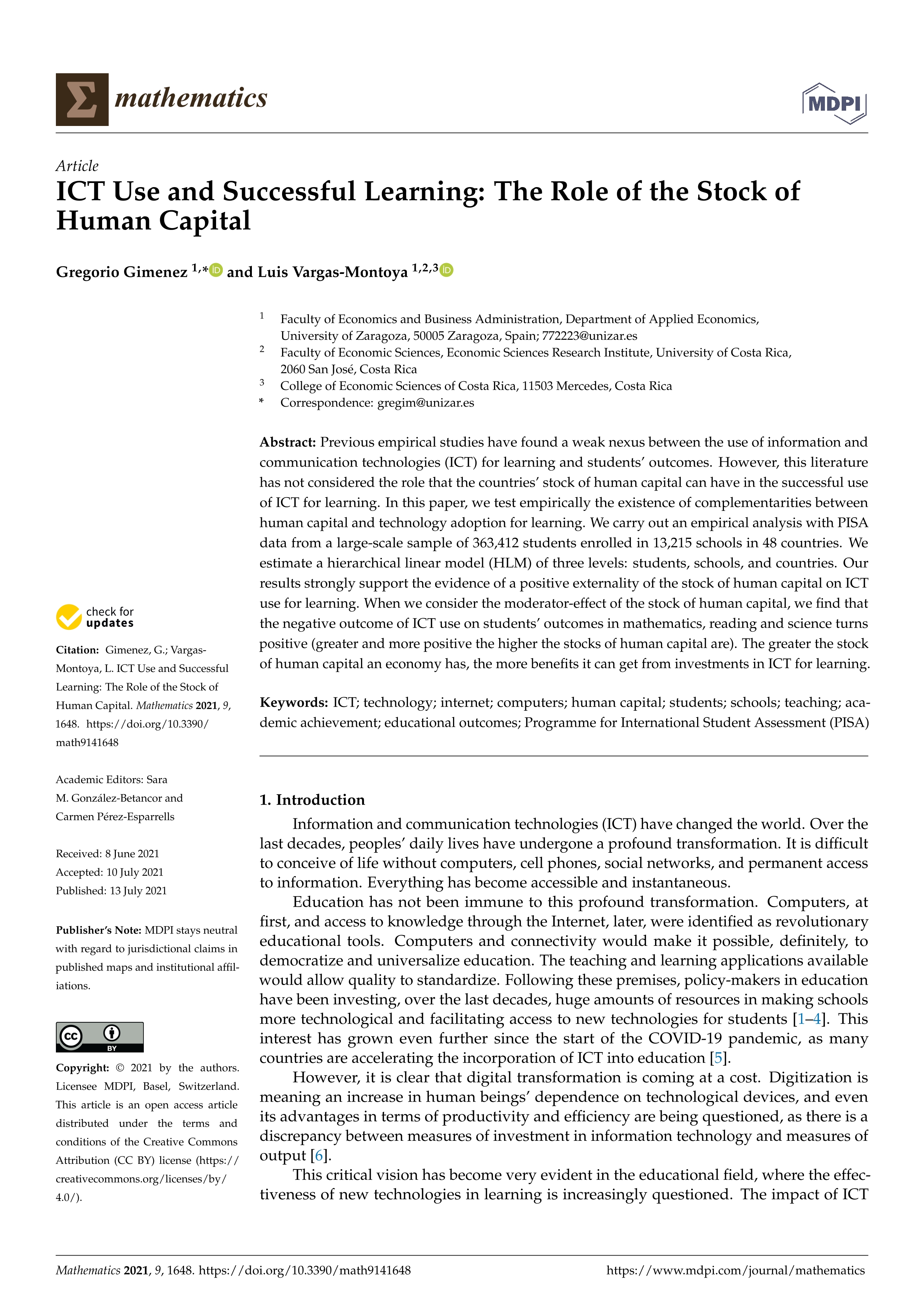 Ict use and successful learning: the role of the stock of human capital