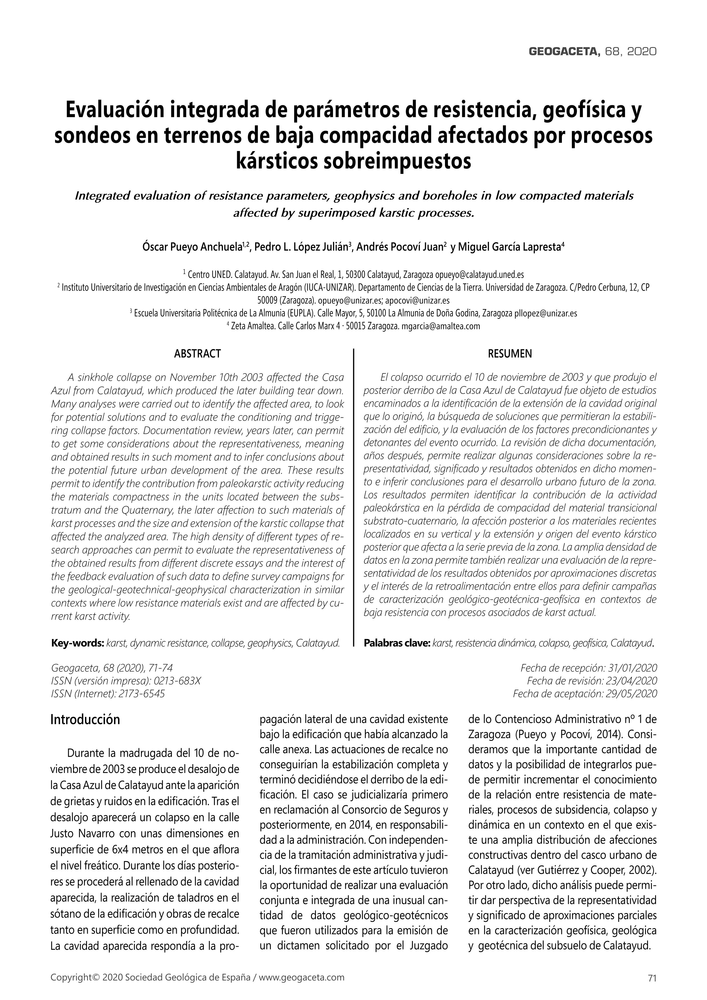Evaluación integrada de parámetros de resistencia, geofísica y sondeos en terrenos de baja compacidad afectados por procesos kársticos sobreimpuestos