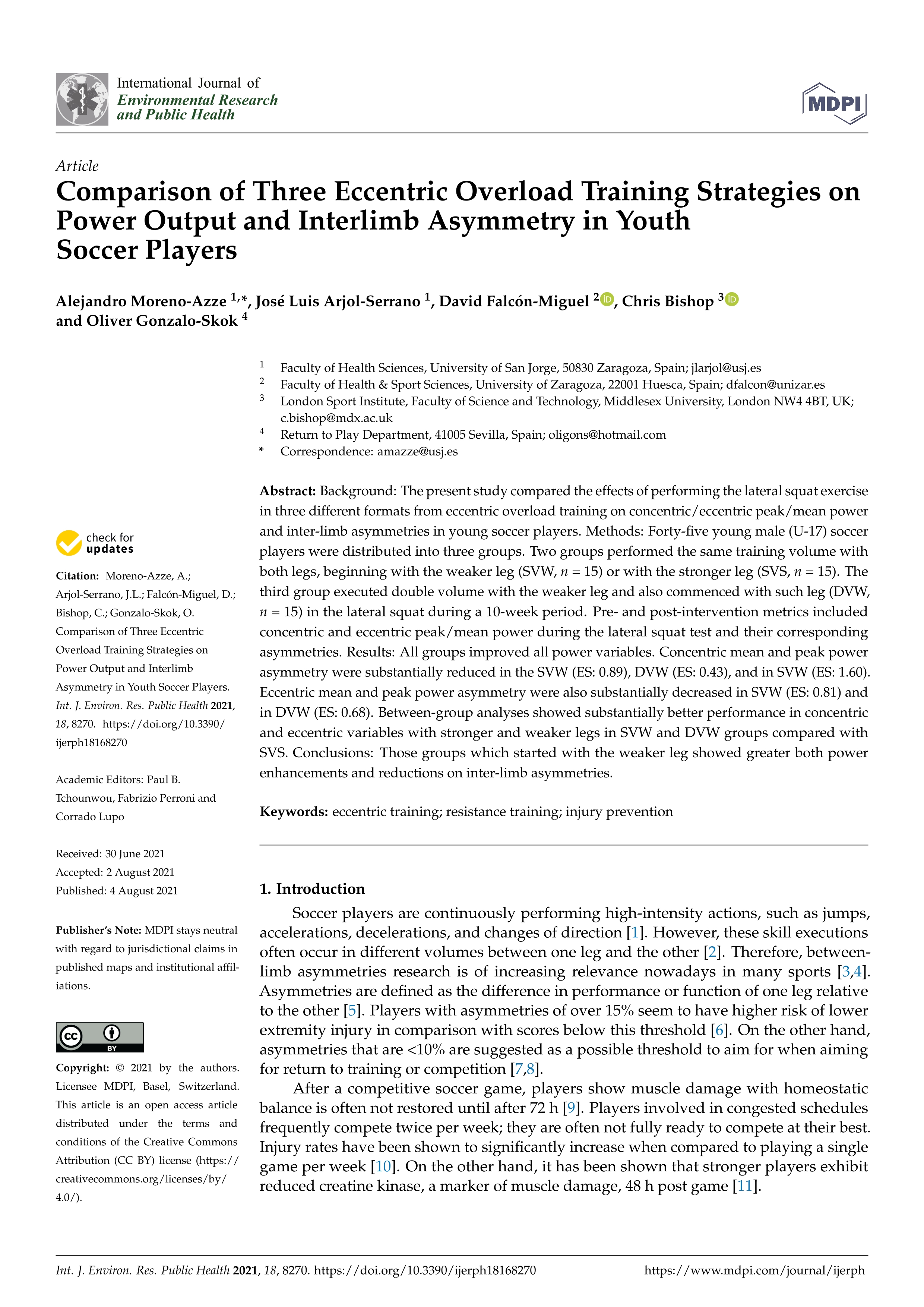 Comparison of three eccentric overload training strategies on power output and interlimb asymmetry in youth soccer players
