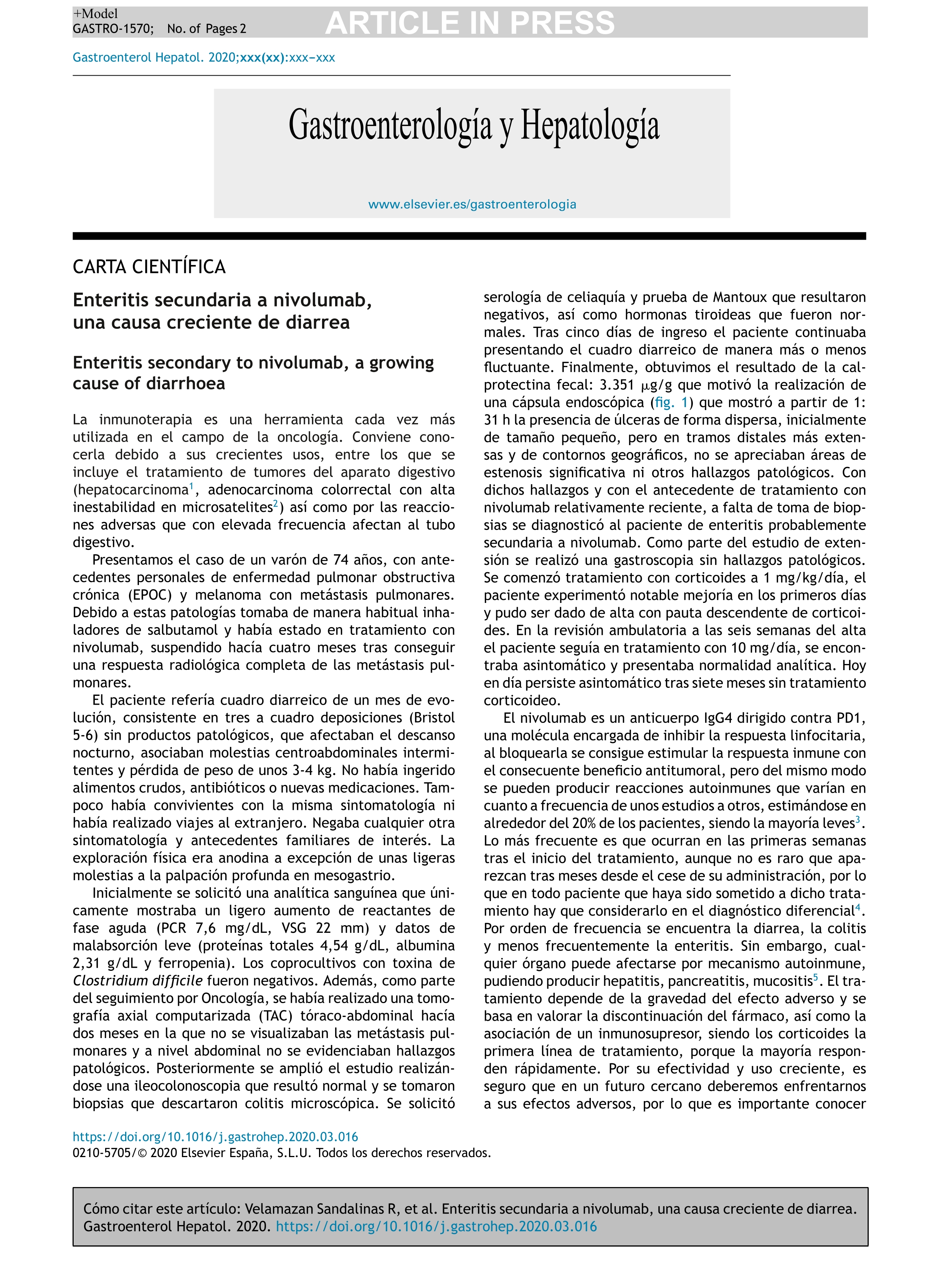 Enteritis secundaria a nivolumab, una causa creciente de diarrea