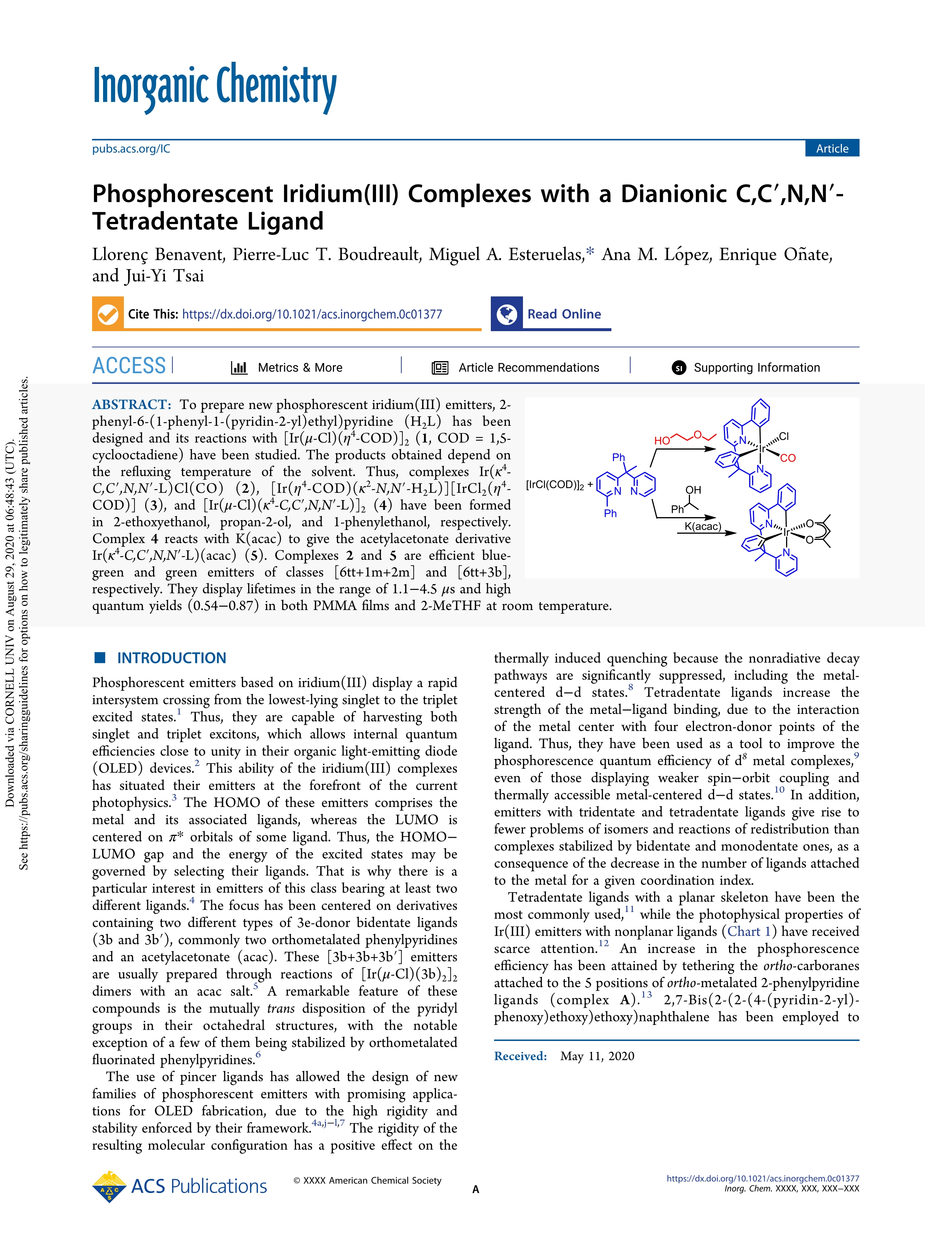 Phosphorescent Iridium(III) Complexes with a Dianionic C, C', N, N'-Tetradentate Ligand