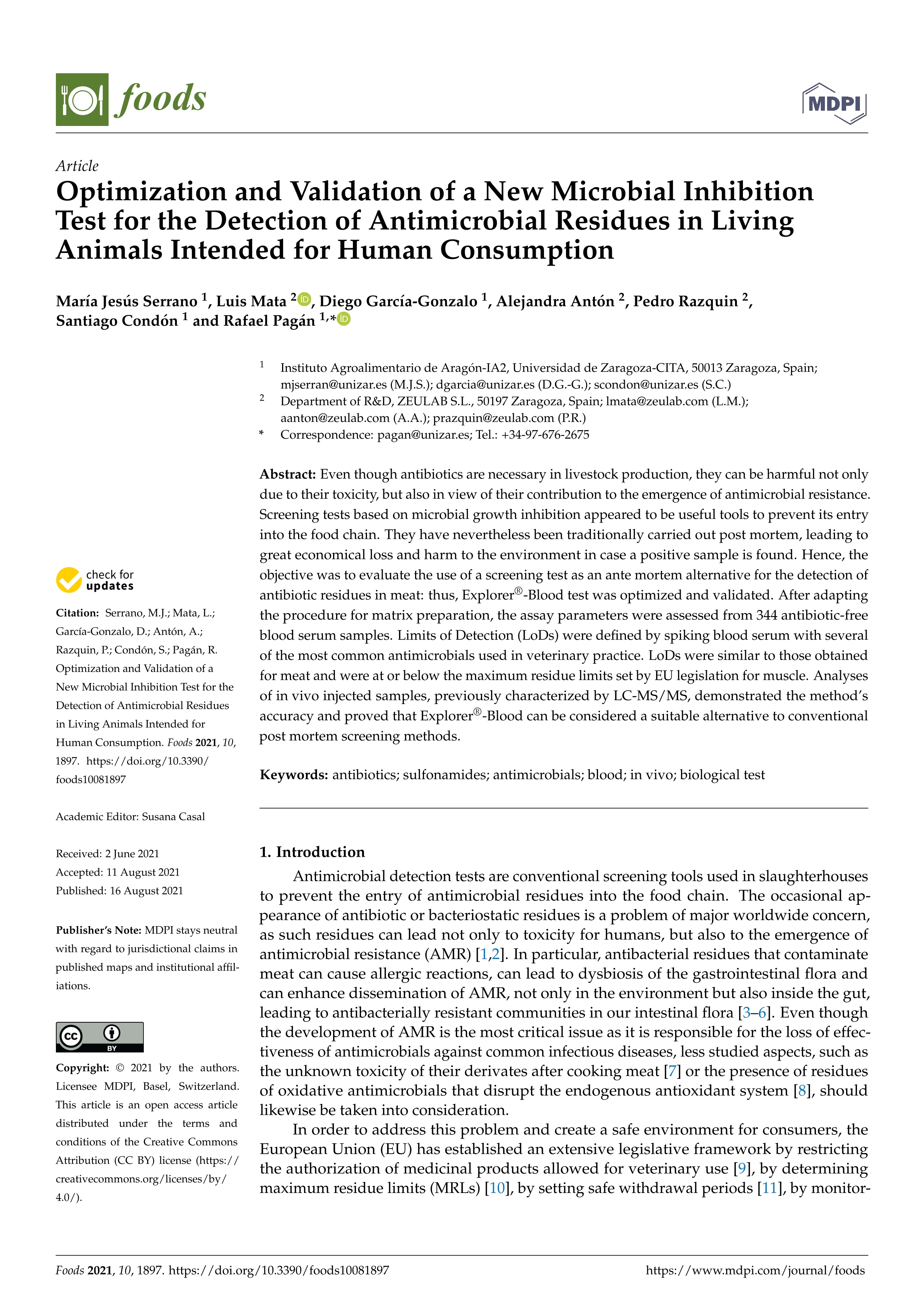 Optimization and validation of a new microbial inhibition test for the detection of antimicrobial residues in living animals intended for human consumption