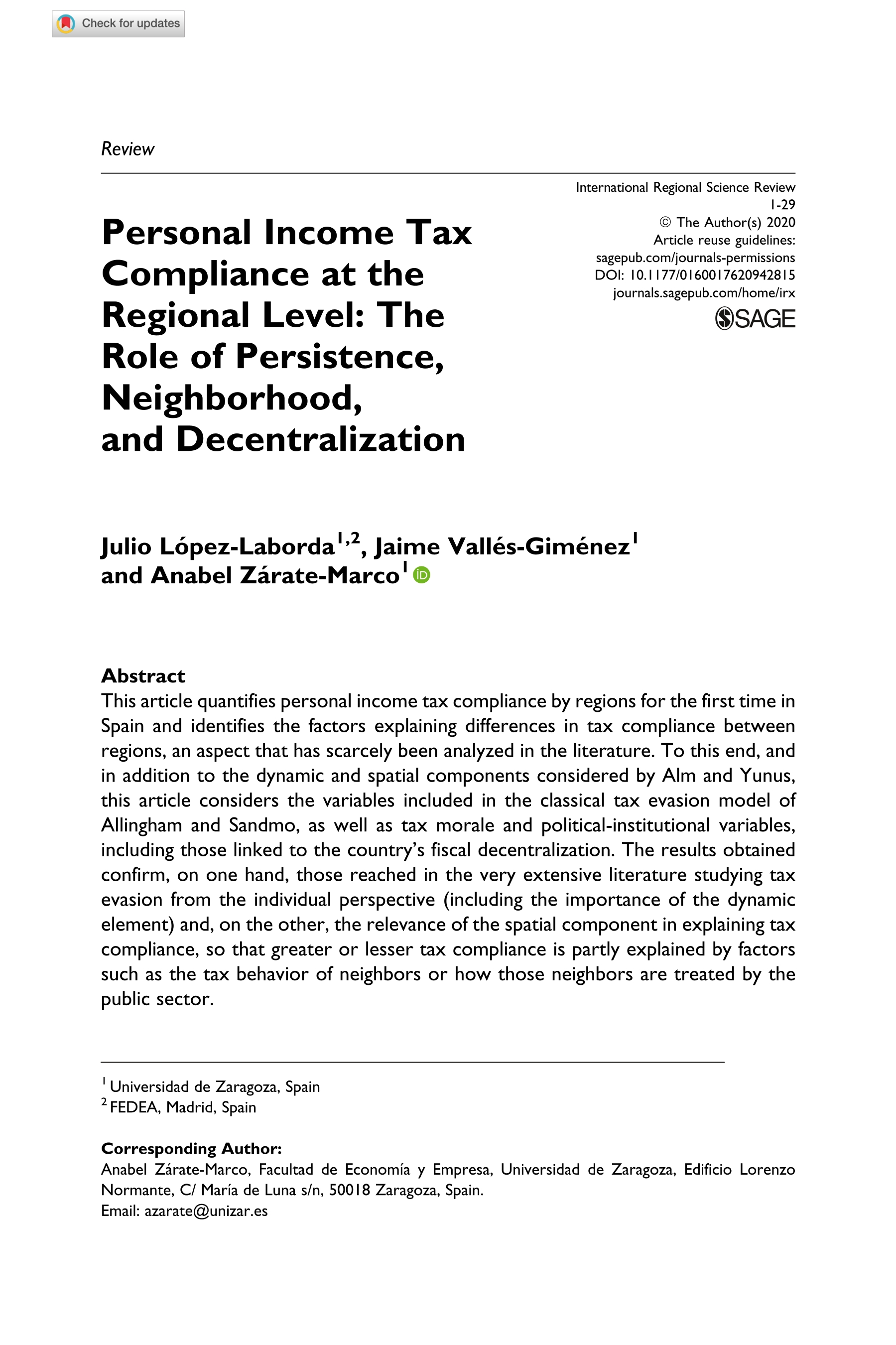 Personal Income Tax Compliance at the Regional Level: The Role of Persistence, Neighborhood, and Decentralization