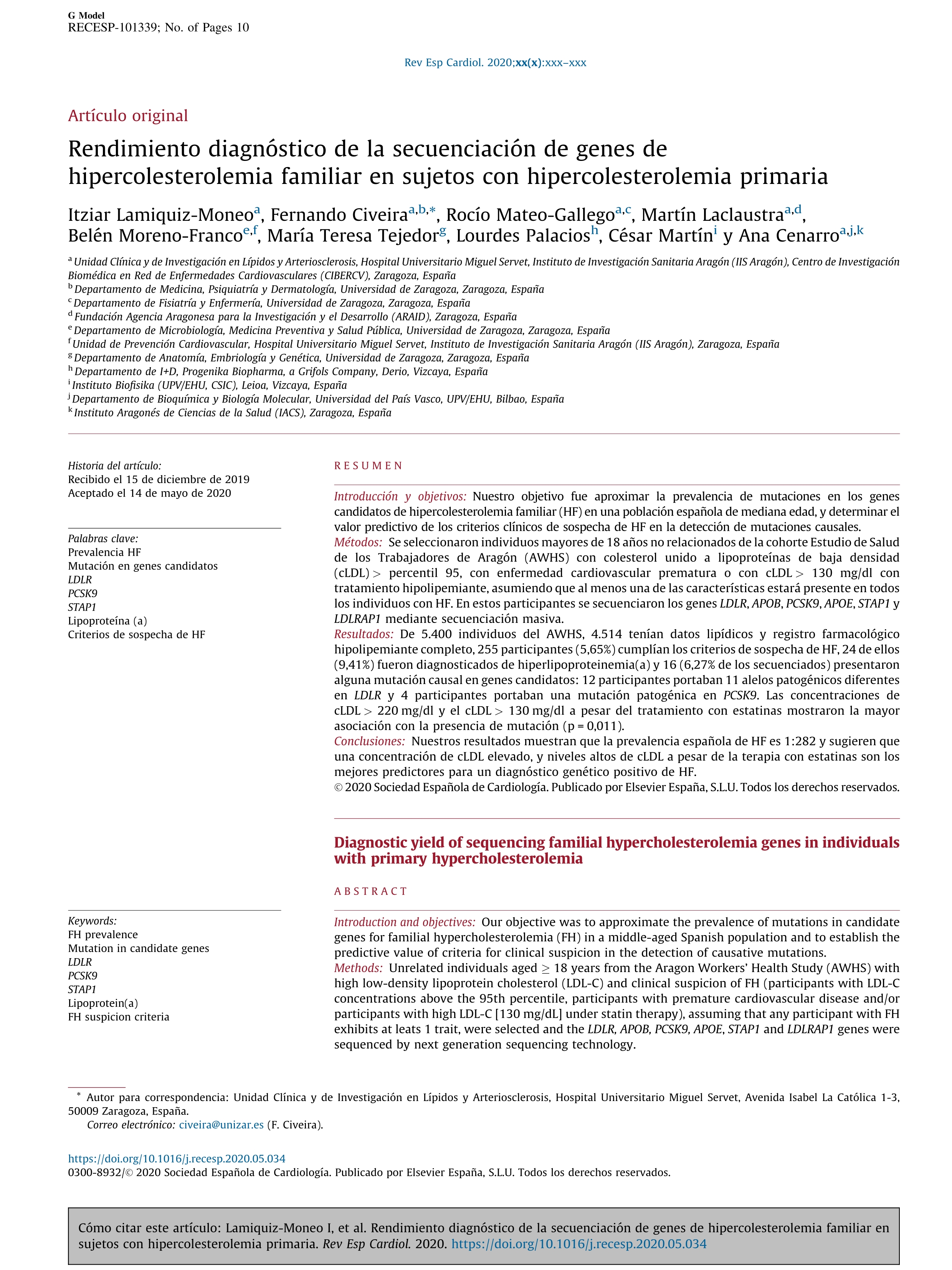 Rendimiento diagnóstico de la secuenciación de genes de hipercolesterolemia familiar en sujetos con hipercolesterolemia primaria