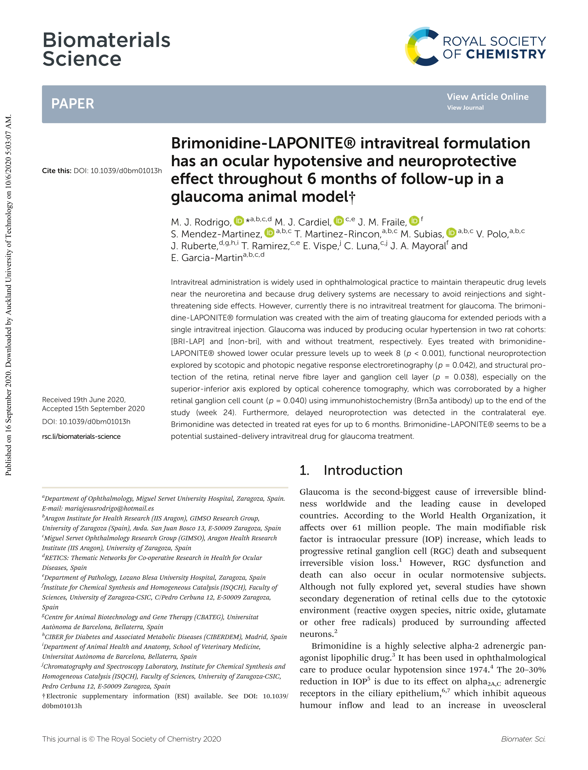 Brimonidine-LAPONITE® intravitreal formulation has an ocular hypotensive and neuroprotective effect throughout 6 months of follow-up in a glaucoma animal model