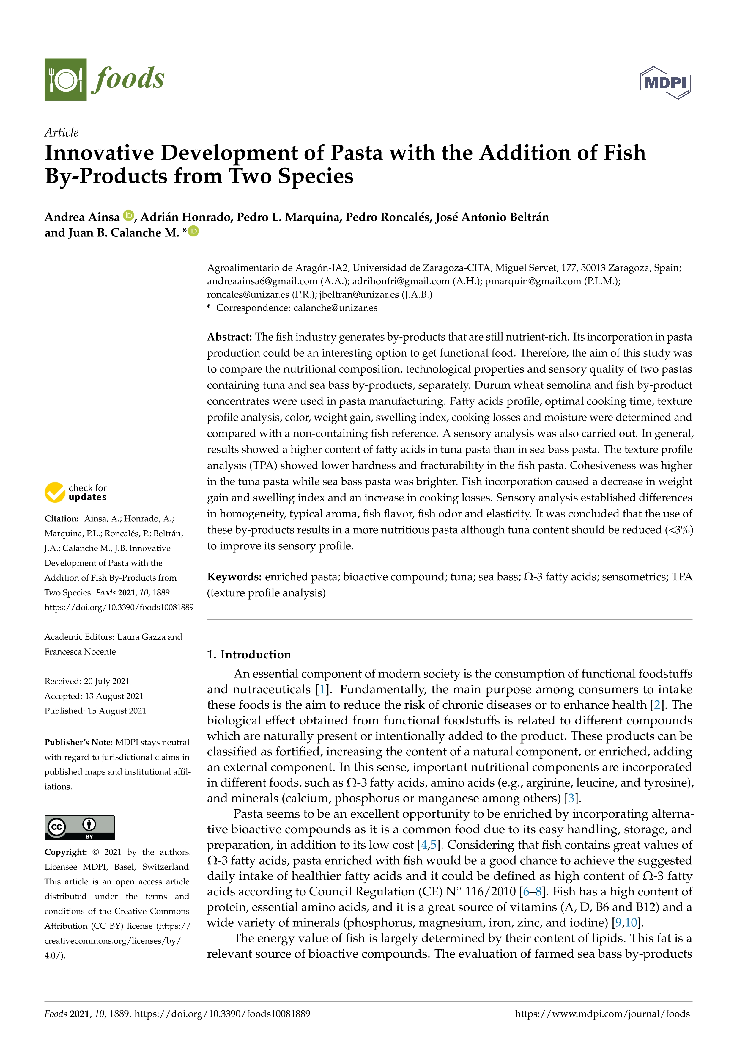 Innovative development of pasta with the addition of fish by-products from two species