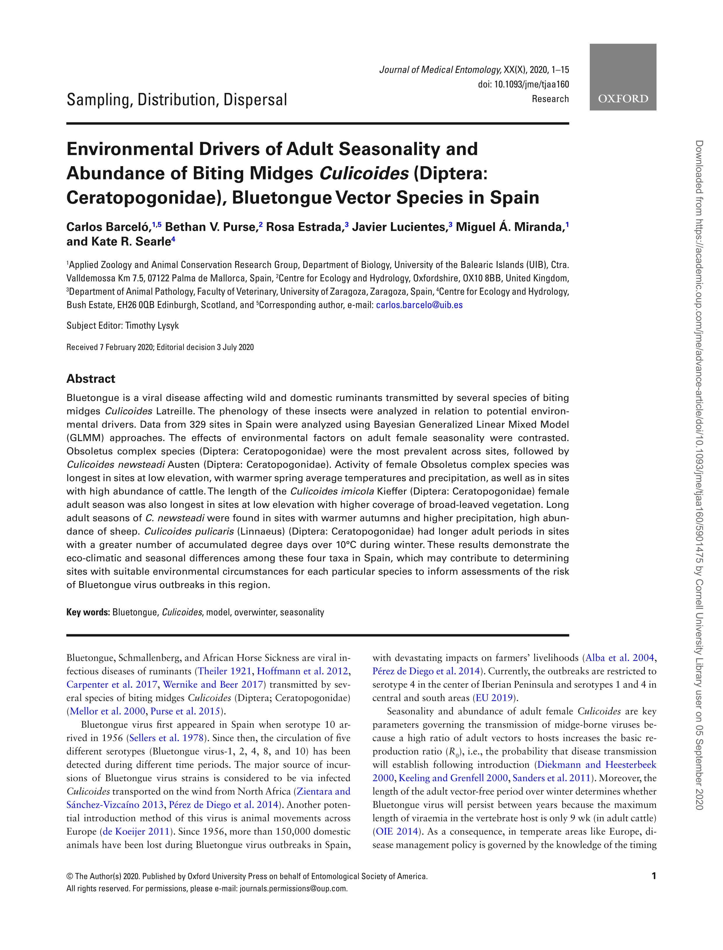 Environmental drivers of adult seasonality and abundance of biting midges culicoides (diptera: Ceratopogonidae), bluetongue vector species in Spain