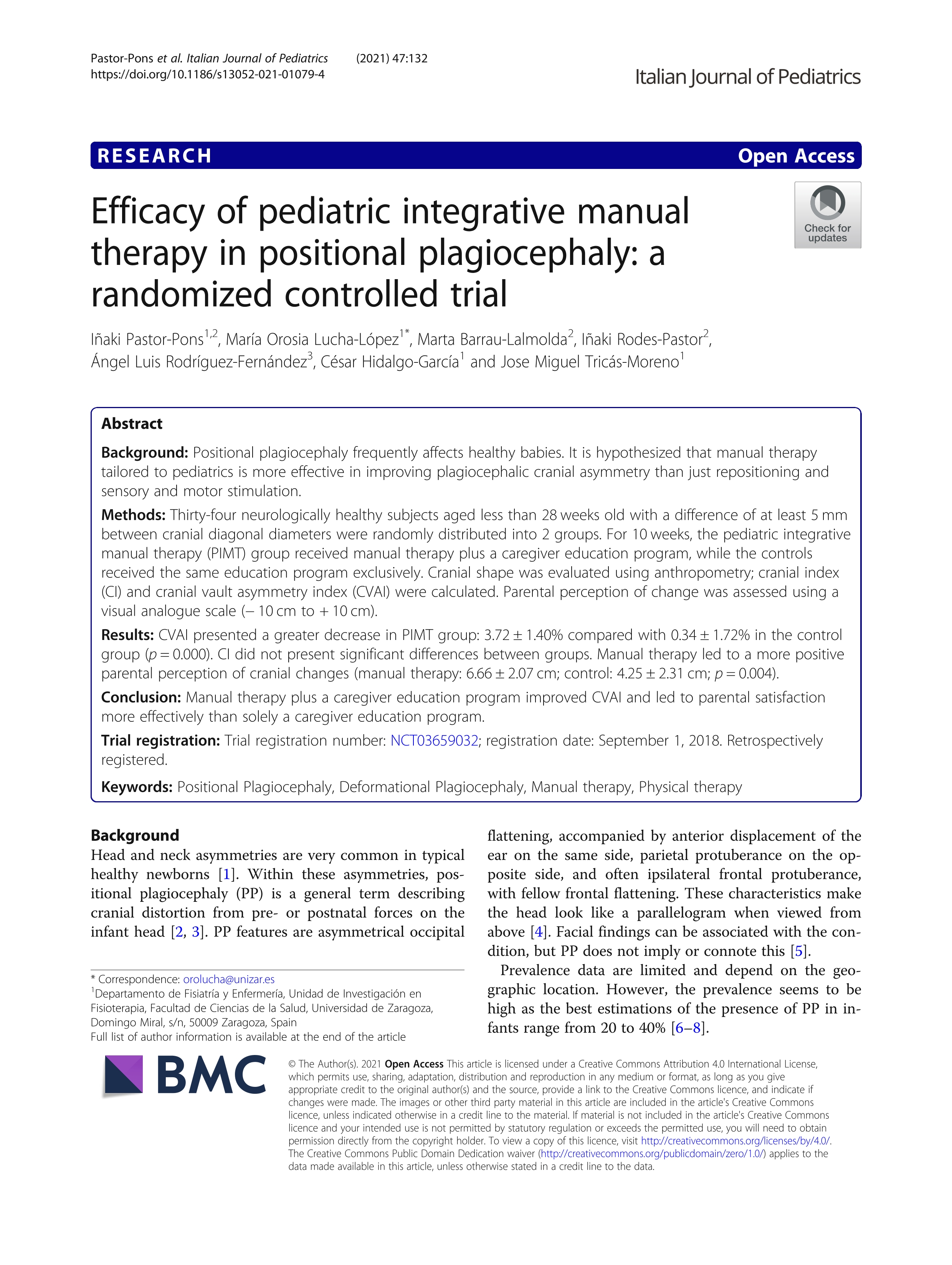 Efficacy of pediatric integrative manual therapy in positional plagiocephaly: a randomized controlled trial