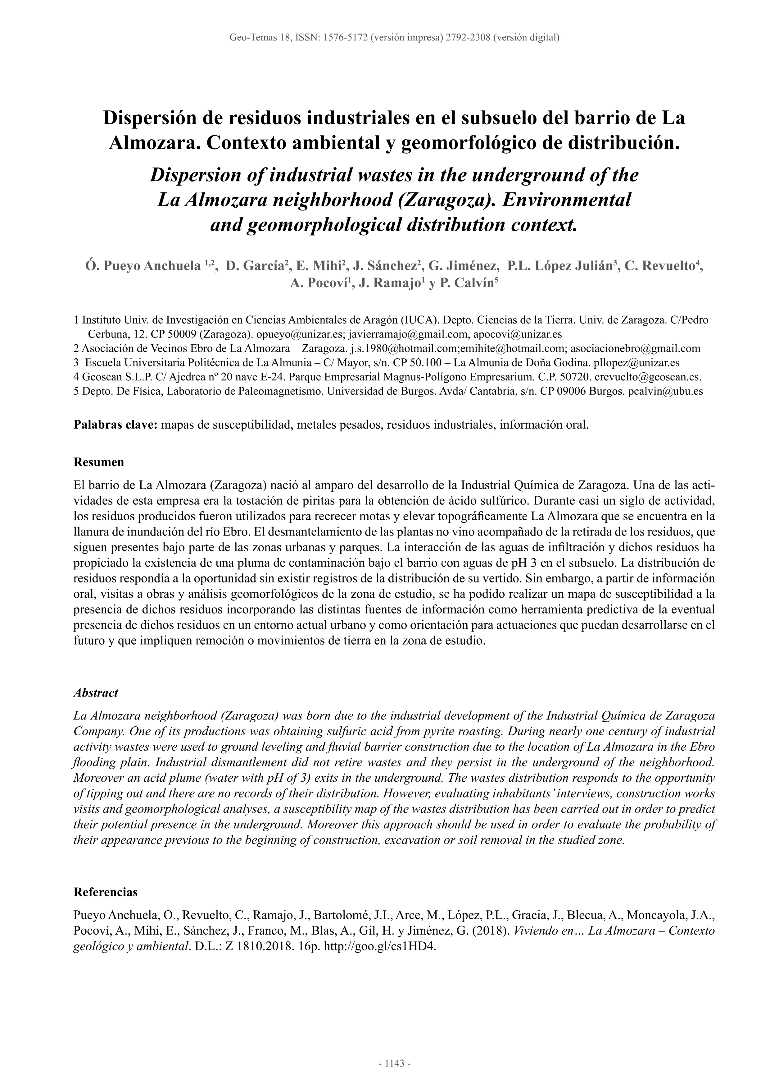 Dispersión de residuos industriales en el subsuelo del barrio de La Almozara. Contexto ambiental y geomorfológico de distribución