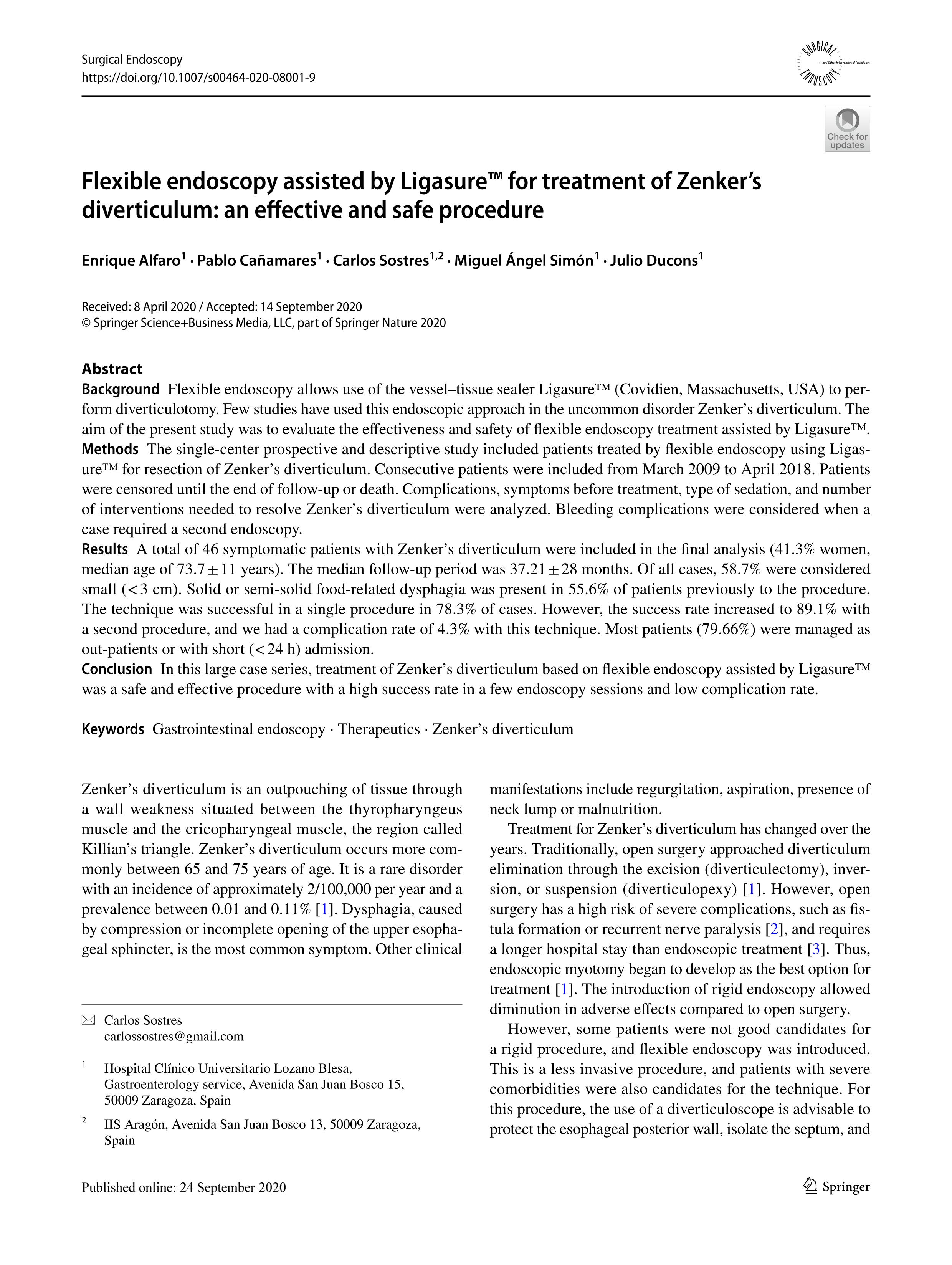 Flexible endoscopy assisted by Ligasure™ for treatment of Zenker’s diverticulum: an effective and safe procedure