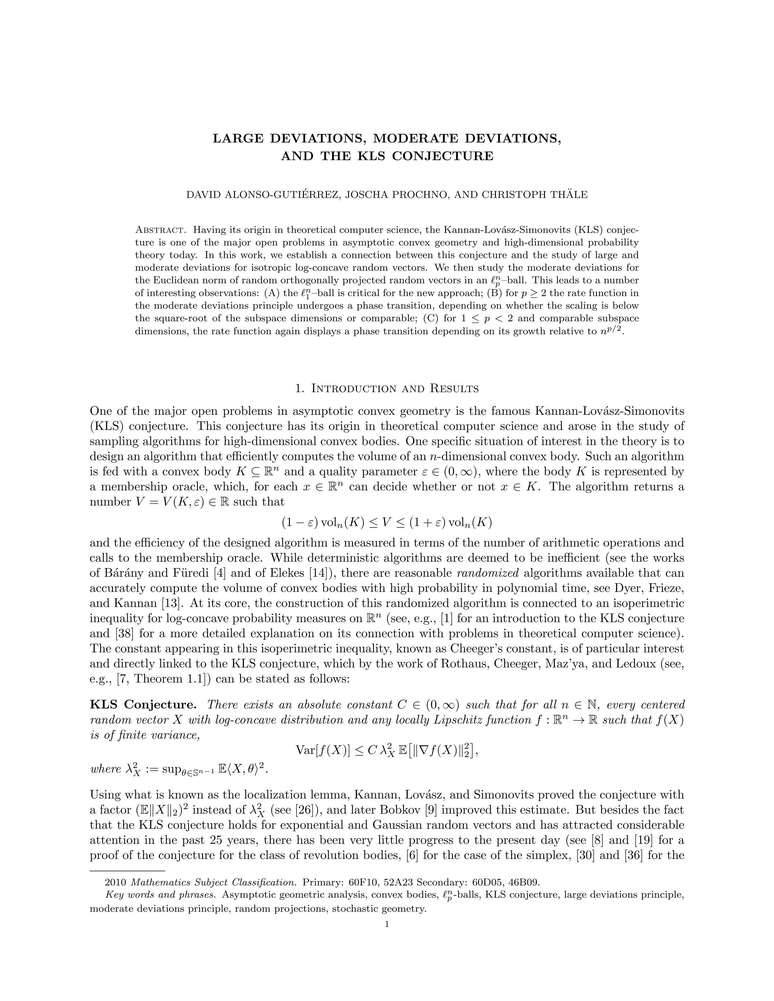 Large deviations, moderate deviations, and the KLS conjecture