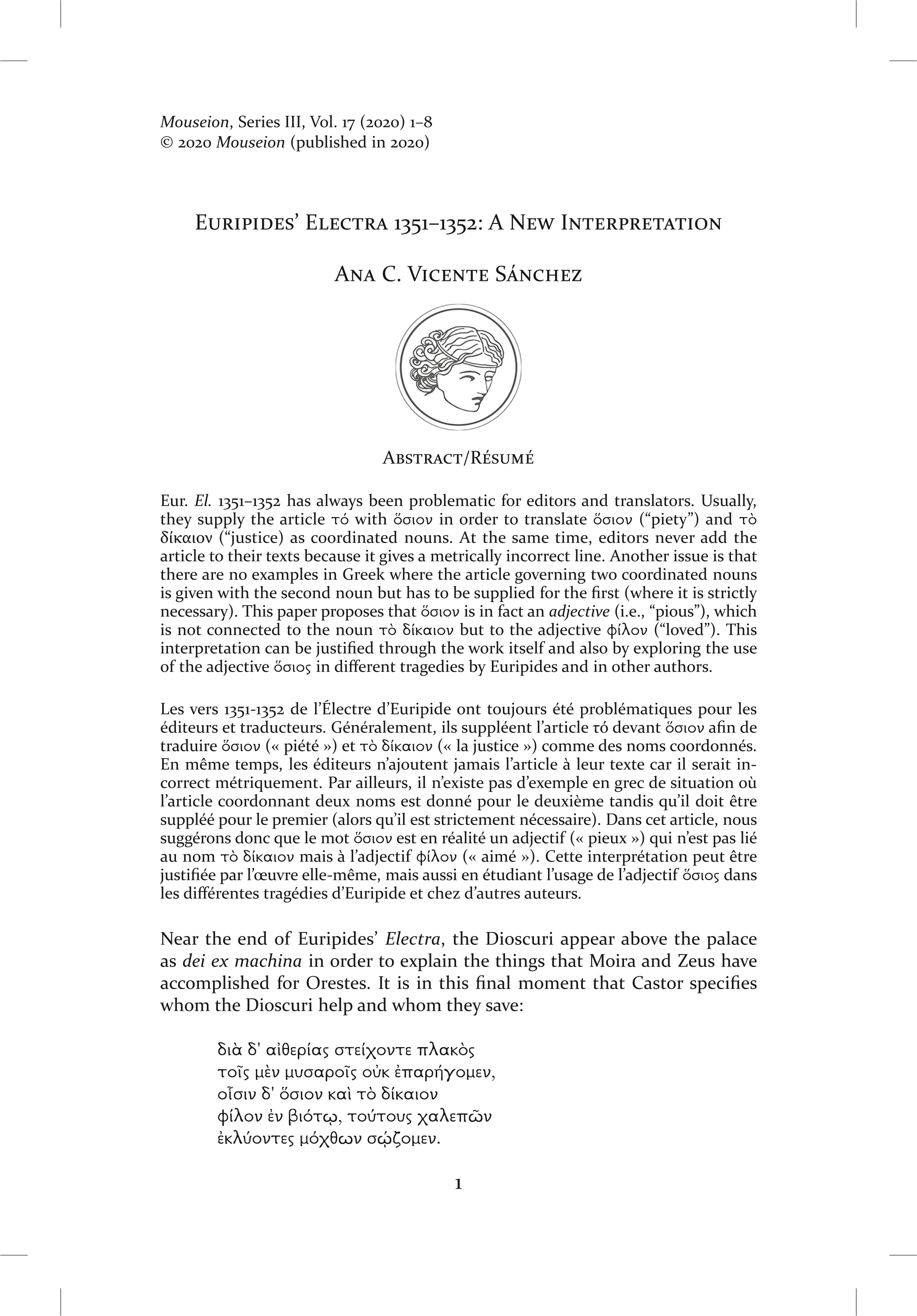 Euripides’ Electra 1351-1352: A New Interpretation