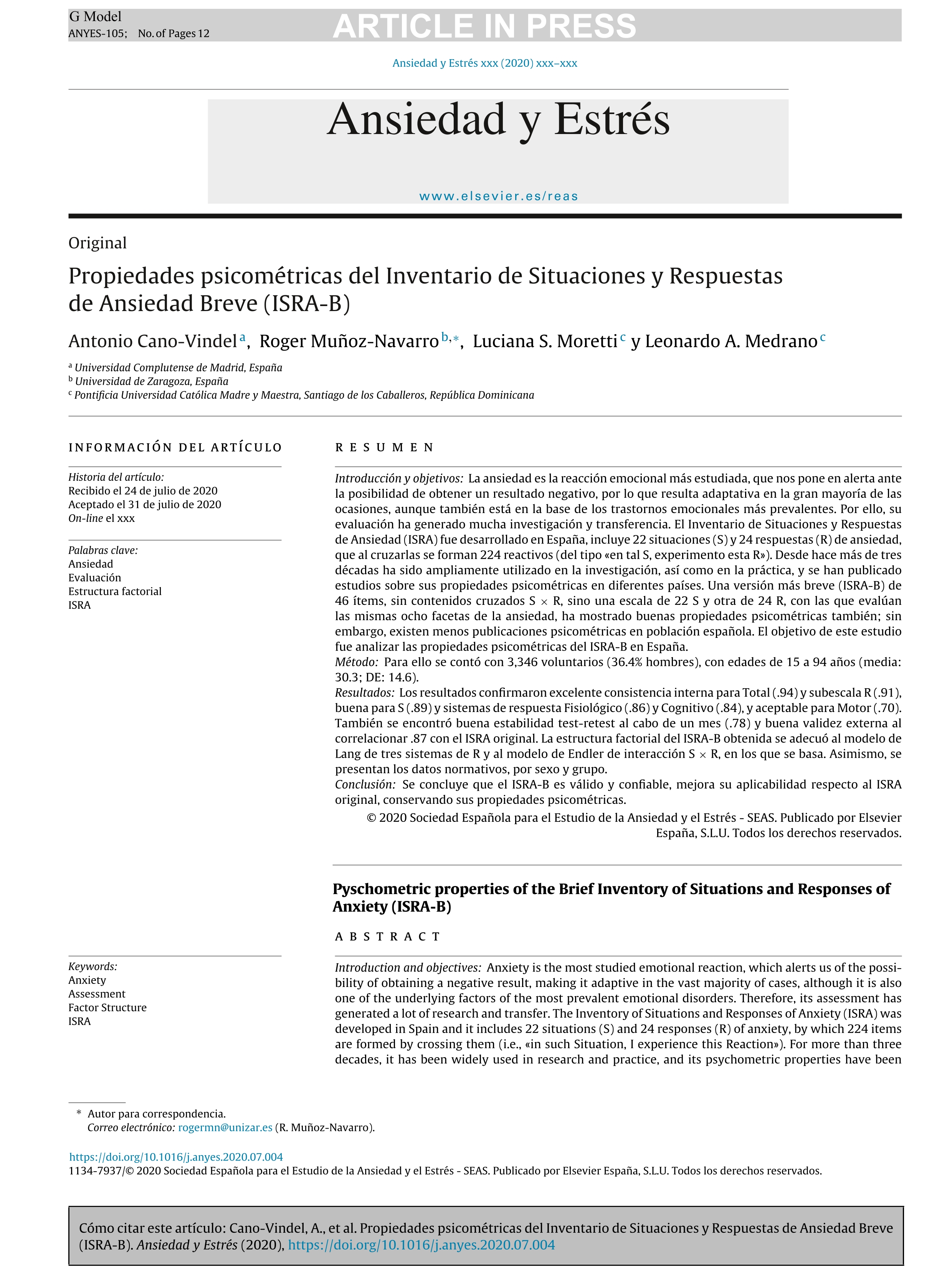 Propiedades psicométricas del Inventario de Situaciones y Respuestas de Ansiedad Breve (ISRA-B)