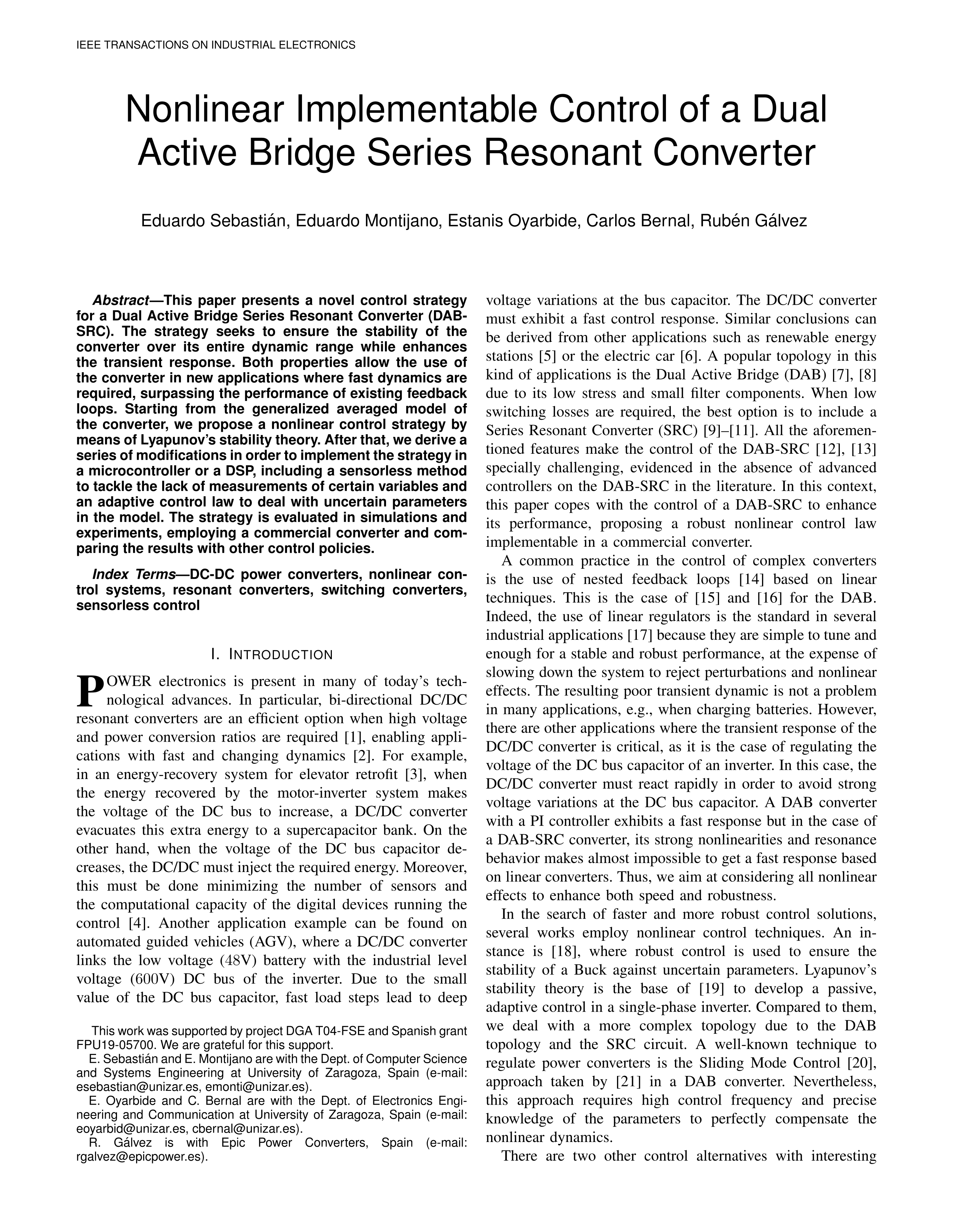 Nonlinear implementable control of a dual active bridge series resonant converter