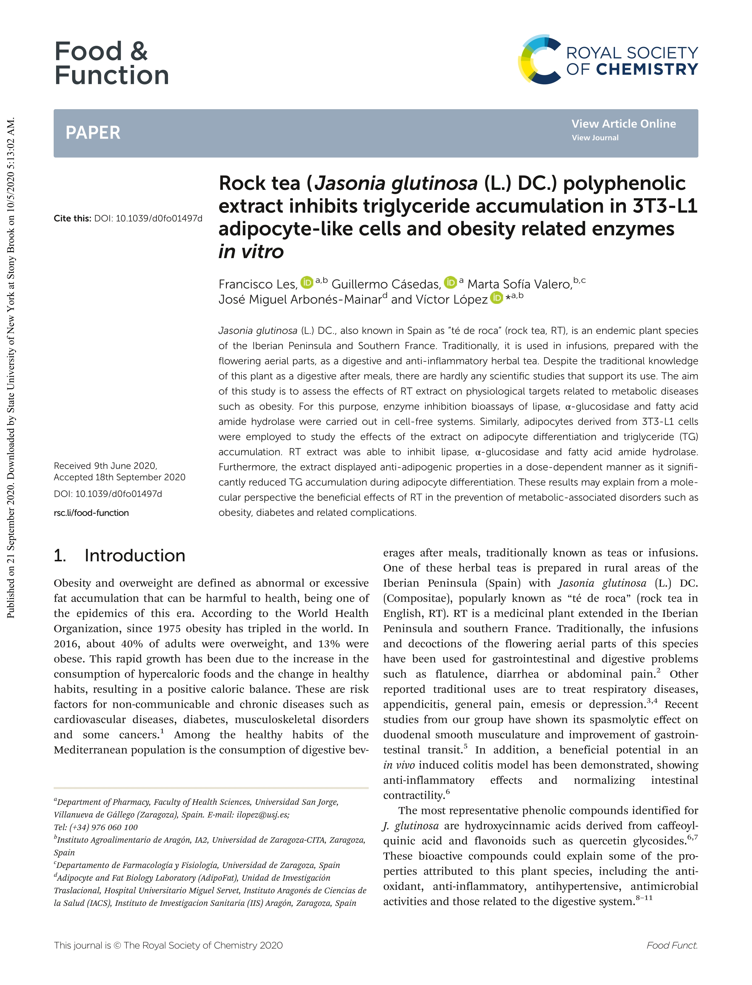 Rock tea (Jasonia glutinosa (L.) DC.) polyphenolic extract inhibits triglyceride accumulation in 3T3-L1 adipocyte-like cells and obesity related enzymes in vitro