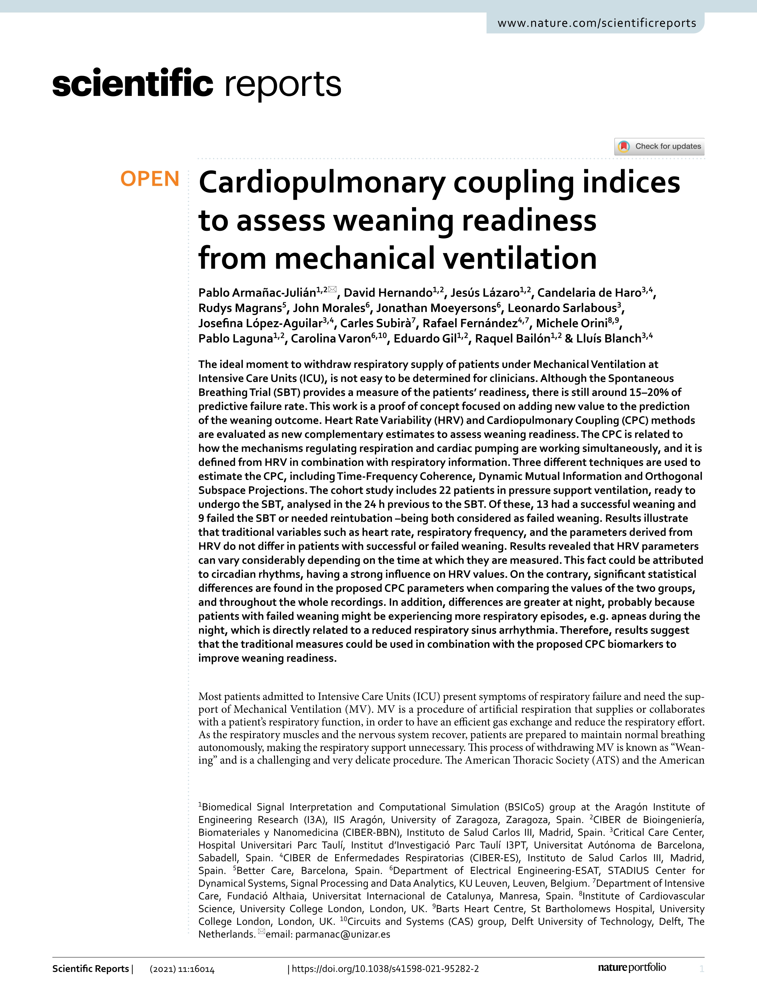 Cardiopulmonary coupling indices to assess weaning readiness from mechanical ventilation