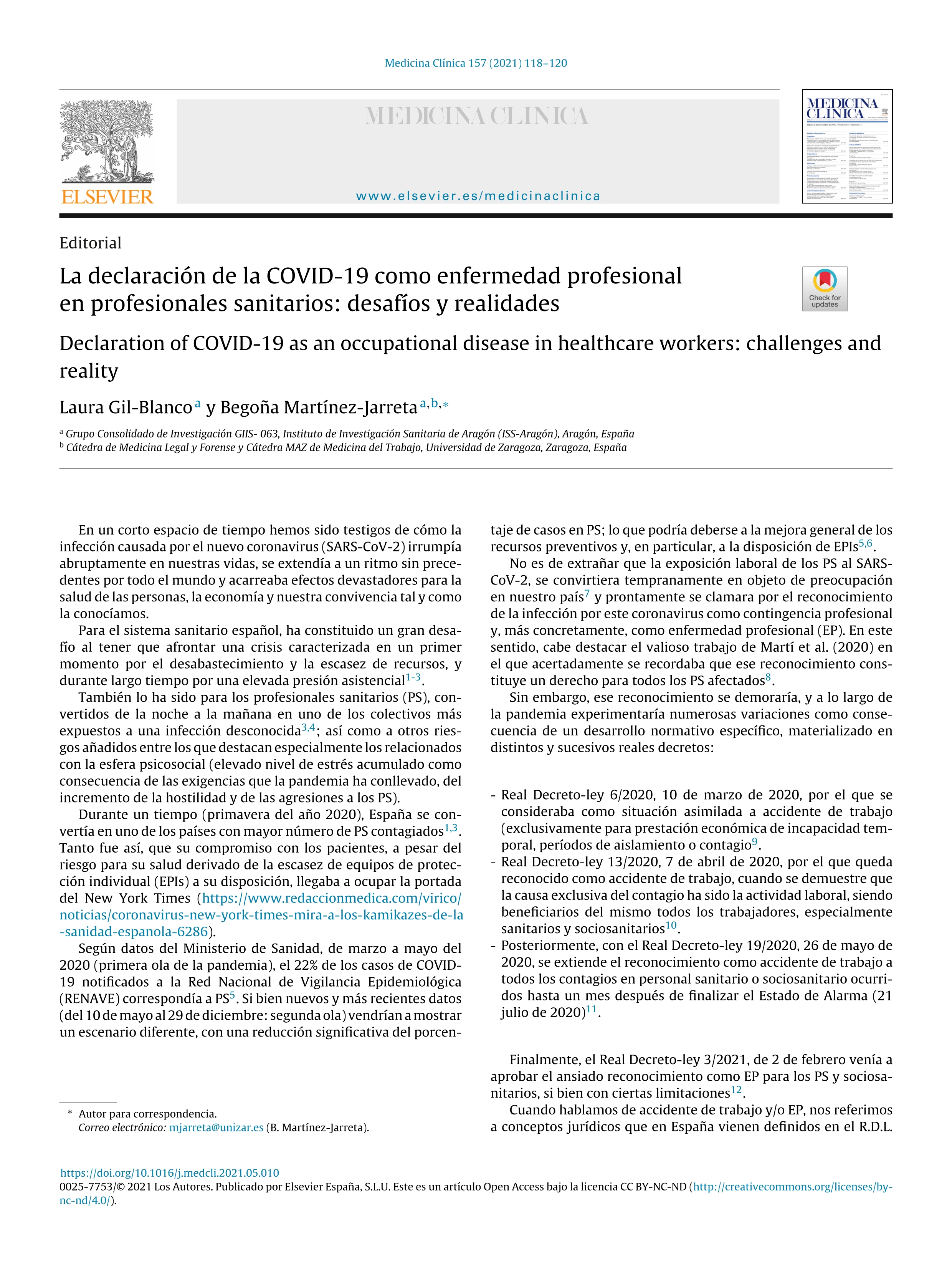 La declaración de la Covid-19 como enfermedad profesional en profesionales sanitarios: desafíos y realidades