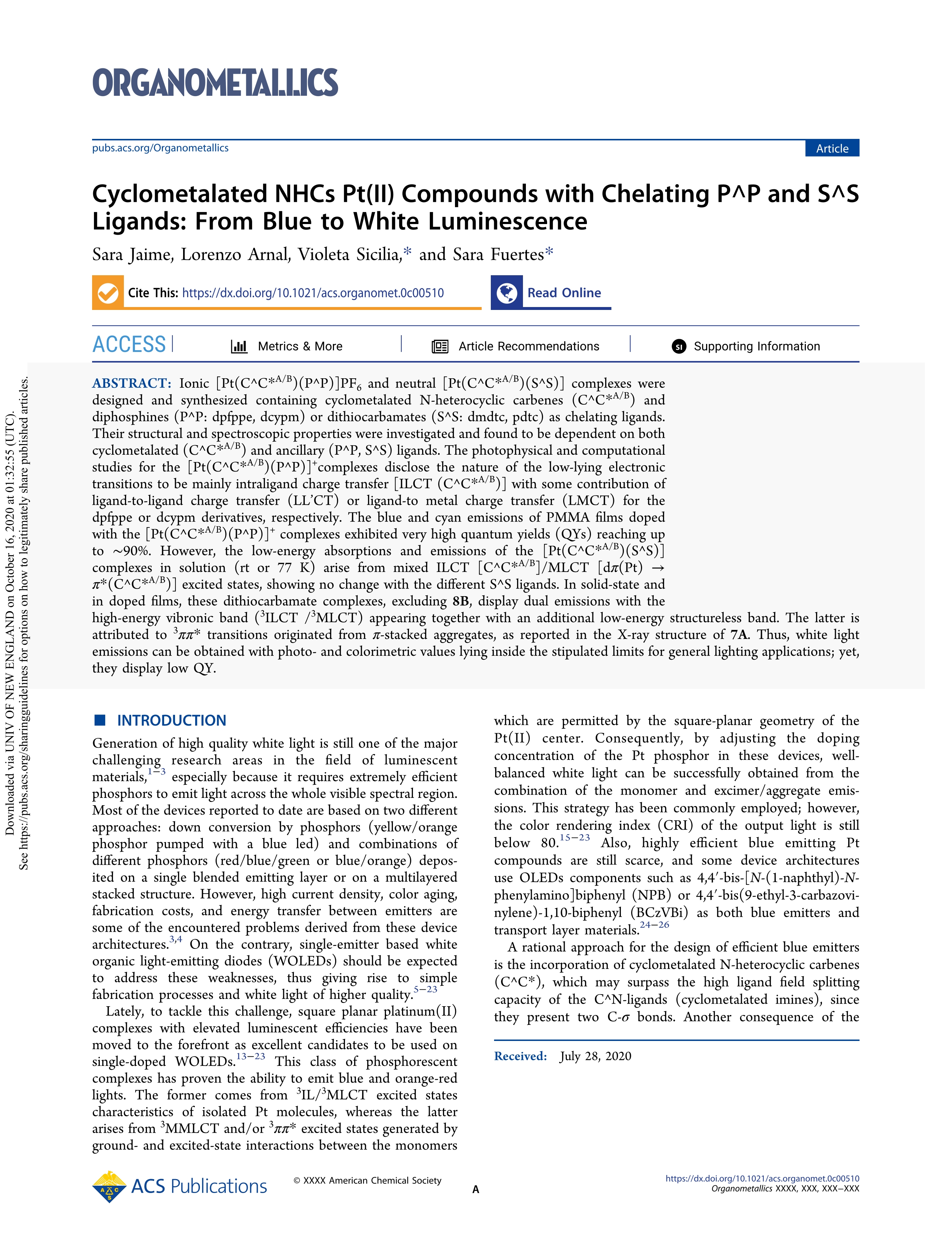 Cyclometalated NHCs Pt(II) Compounds with Chelating P^P and S^S Ligands: From Blue to White Luminescence