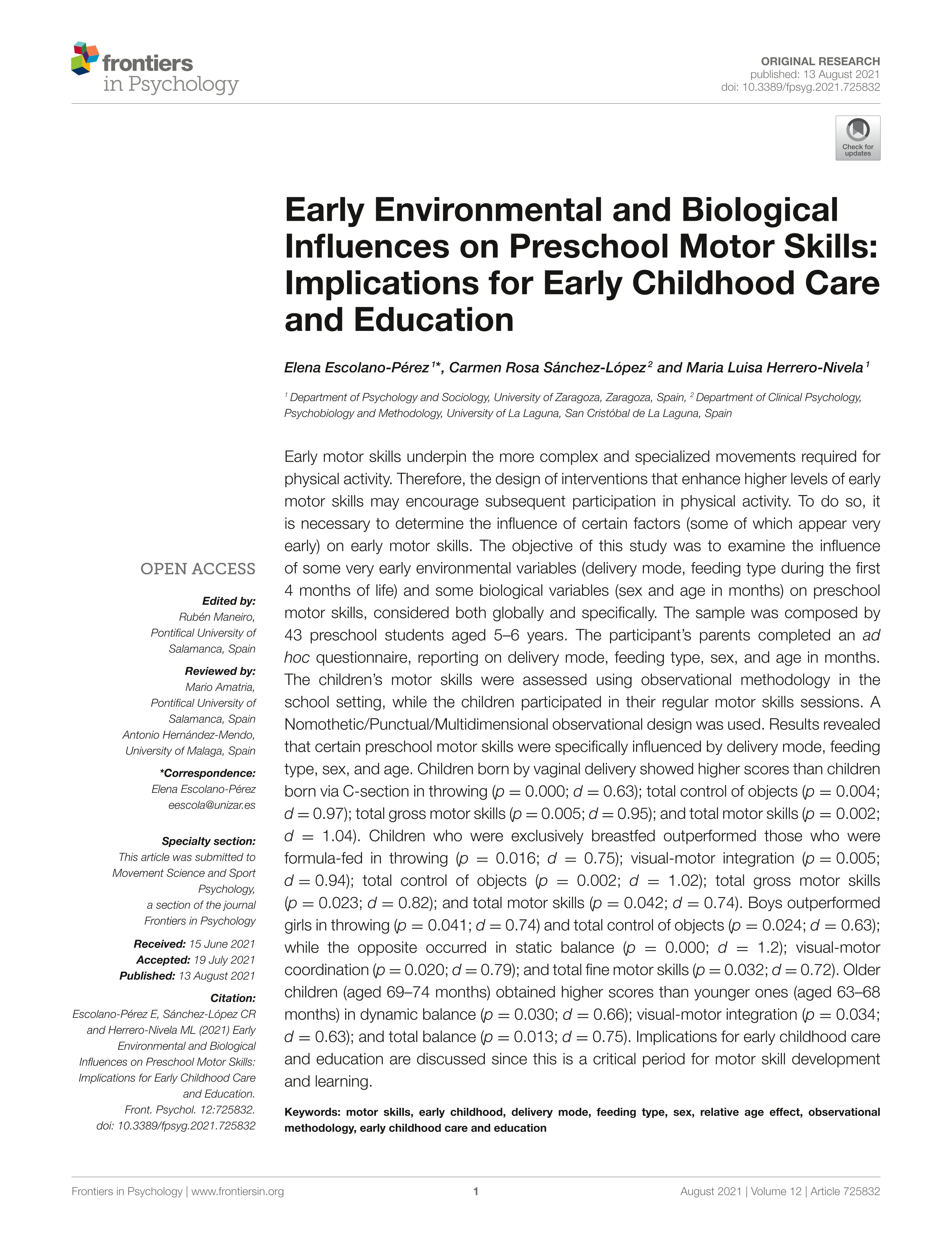 Early environmental and biological influences on preschool motor skills: implications for early childhood care and education