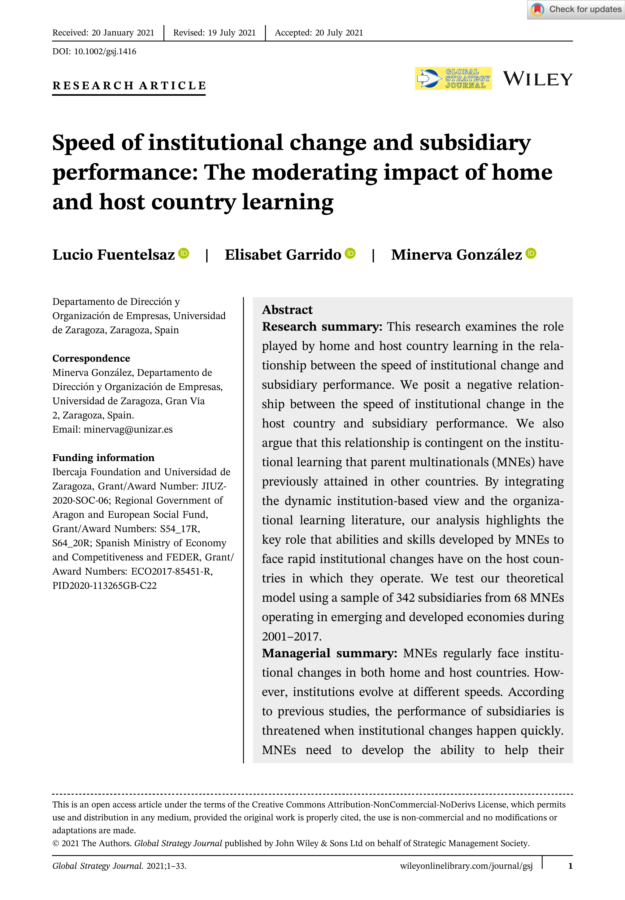 Speed of institutional change and subsidiary performance: the moderating impact of home and host country learning