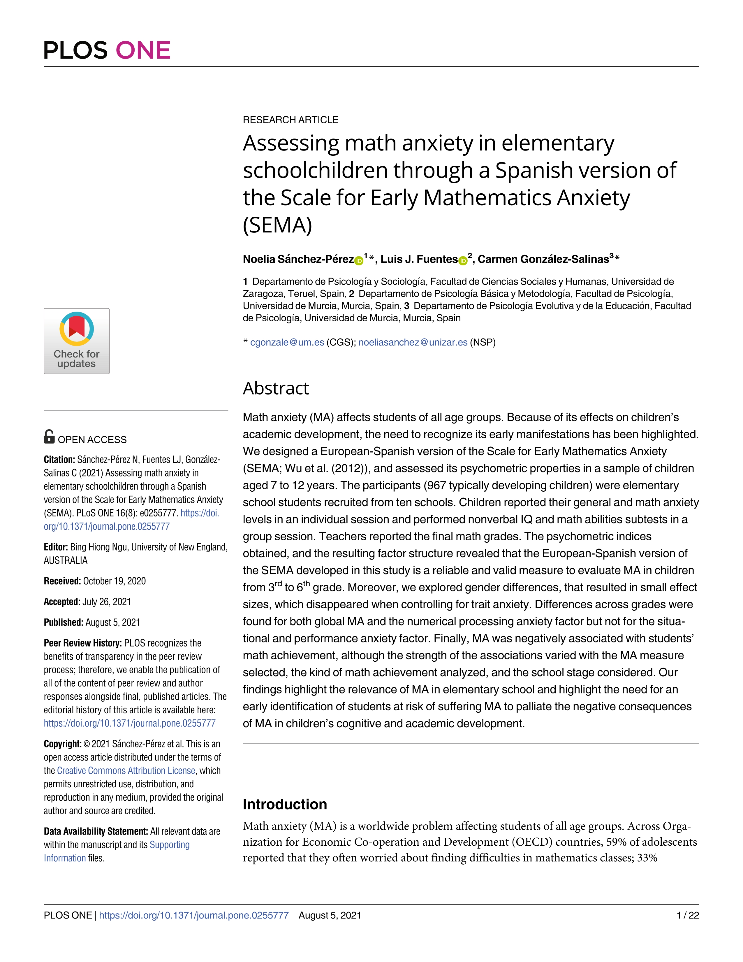 Assessing math anxiety in elementary schoolchildren through a Spanish version of the Scale for Early Mathematics Anxiety (SEMA)