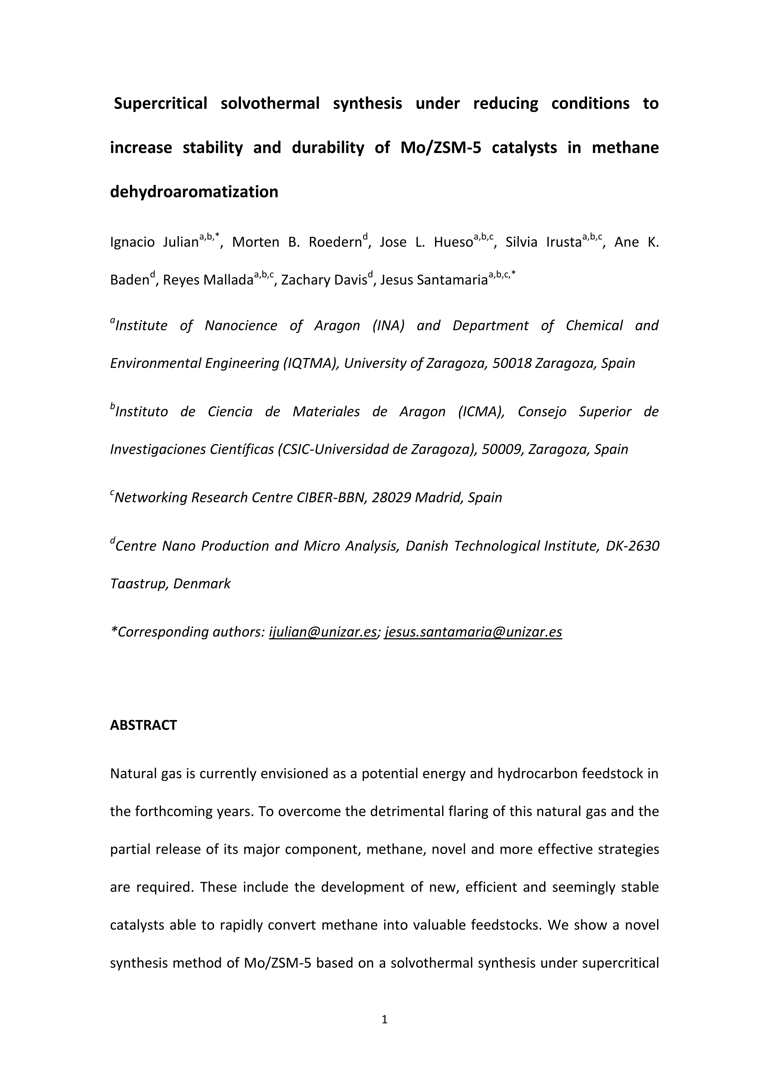 Supercritical solvothermal synthesis under reducing conditions to increase stability and durability of Mo/ZSM-5 catalysts in methane dehydroaromatization