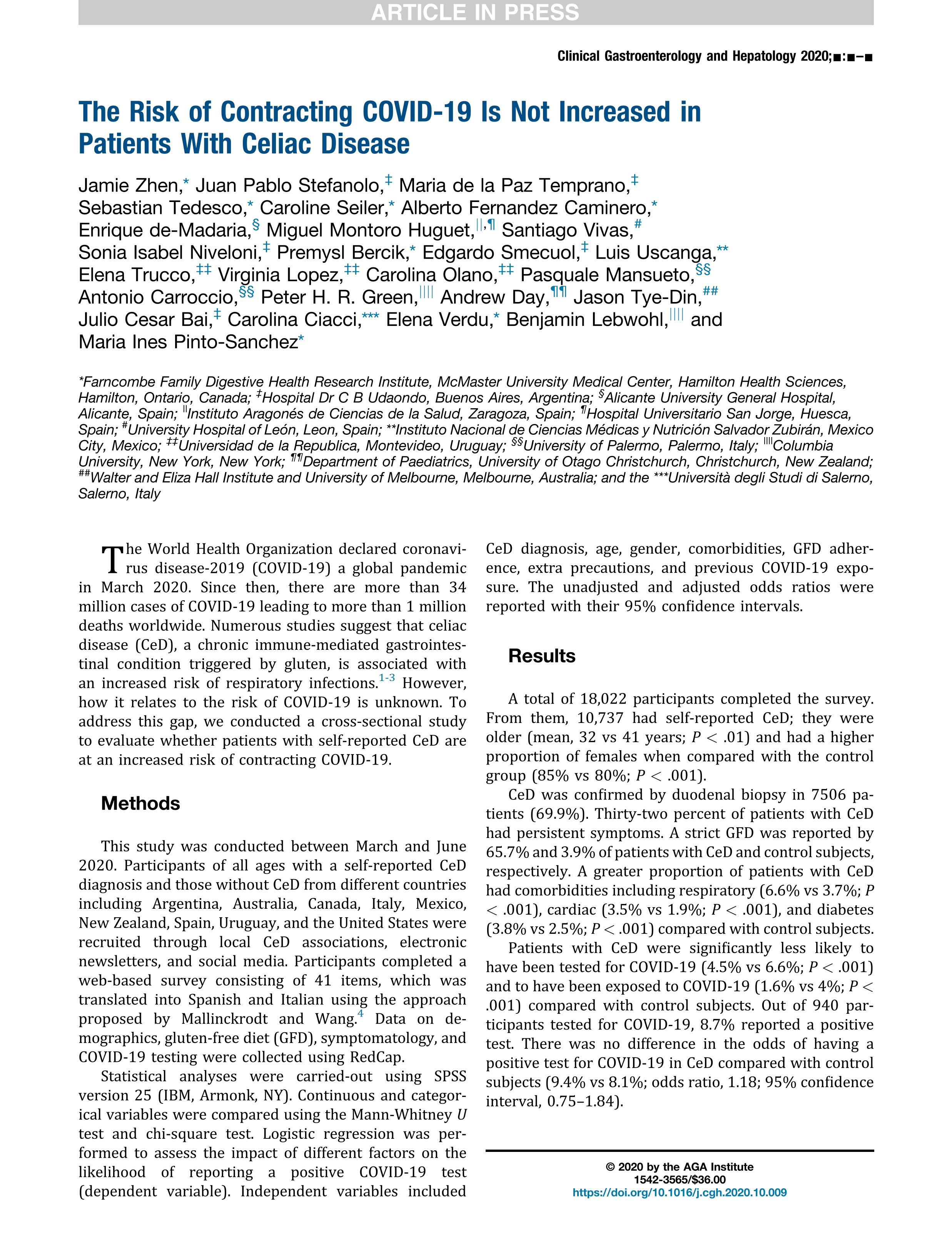 The Risk of Contracting COVID-19 Is Not Increased in Patients With Celiac Disease