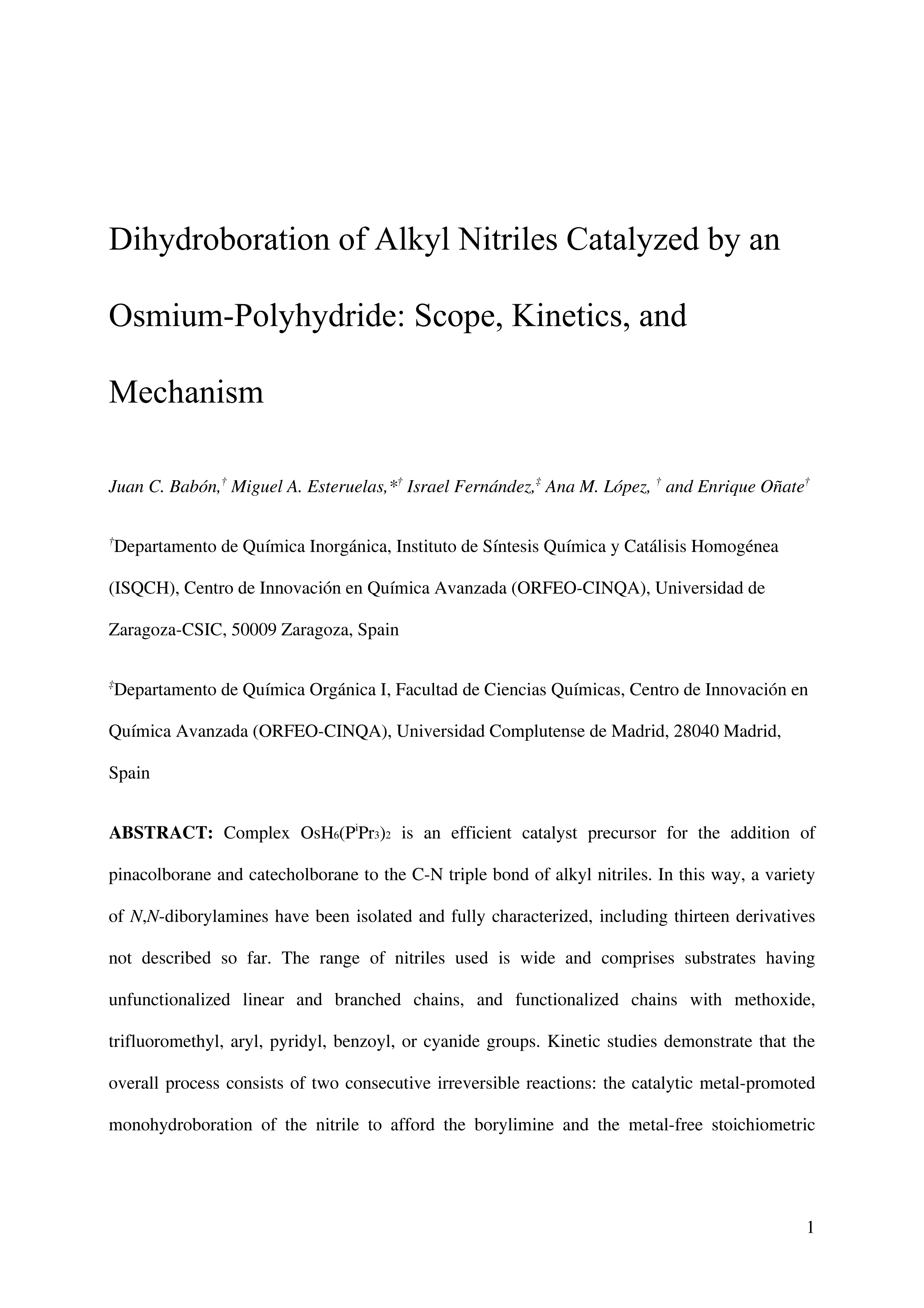 Dihydroboration of Alkyl Nitriles Catalyzed by an Osmium-Polyhydride: Scope, Kinetics, and Mechanism