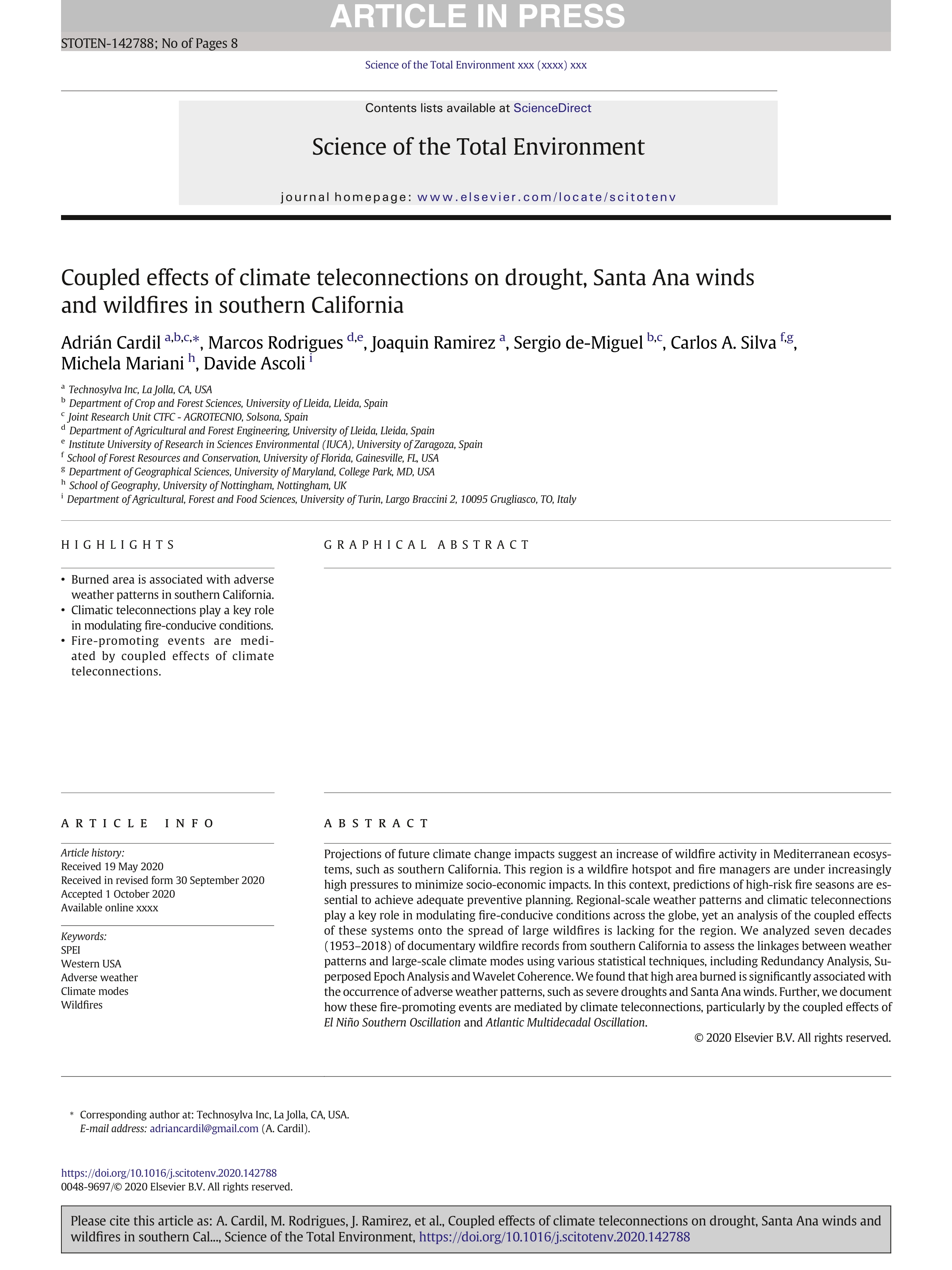 Coupled effects of climate teleconnections on drought, Santa Ana winds and wildfires in southern California