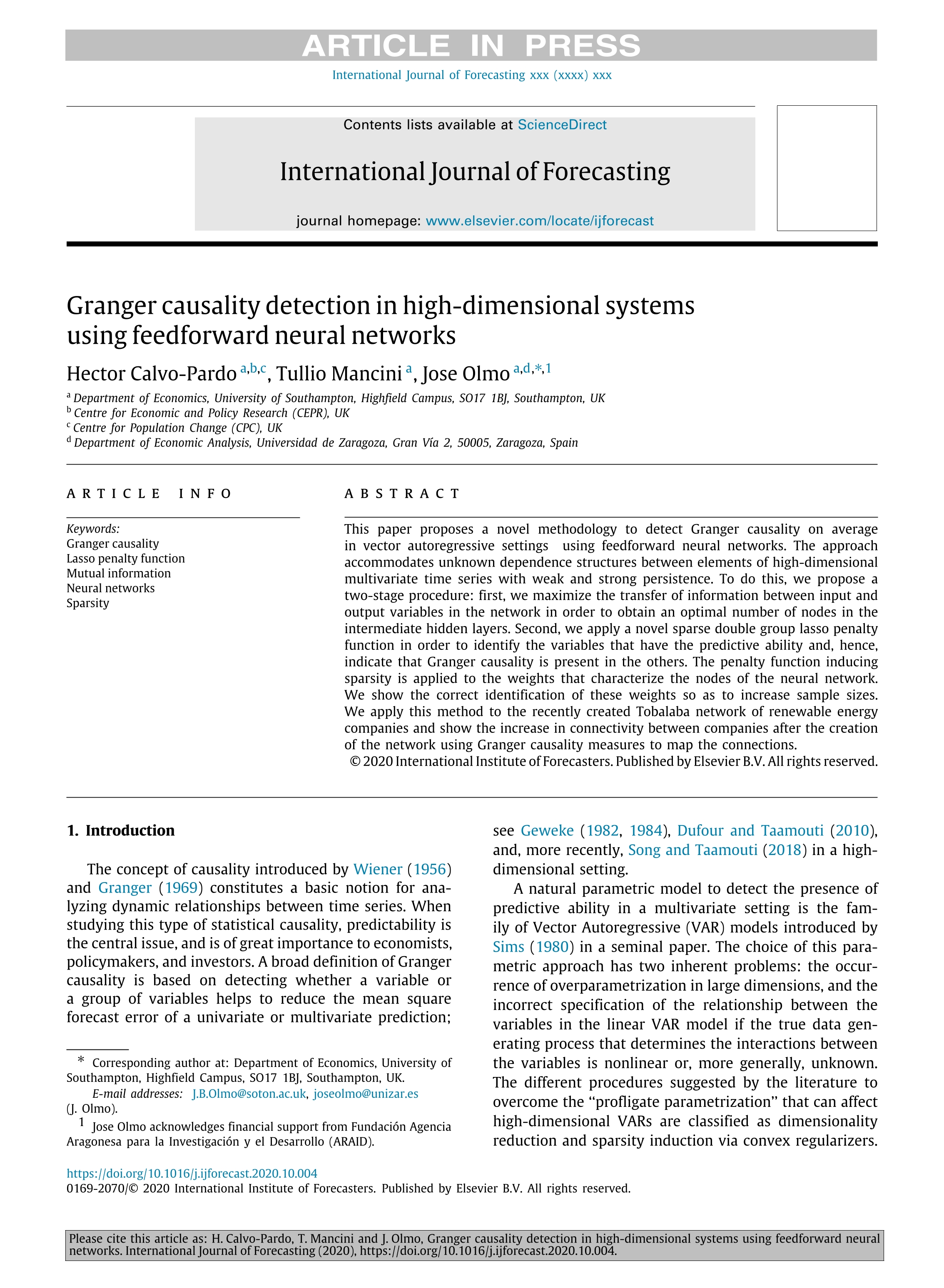 Granger causality detection in high-dimensional systems using feedforward neural networks