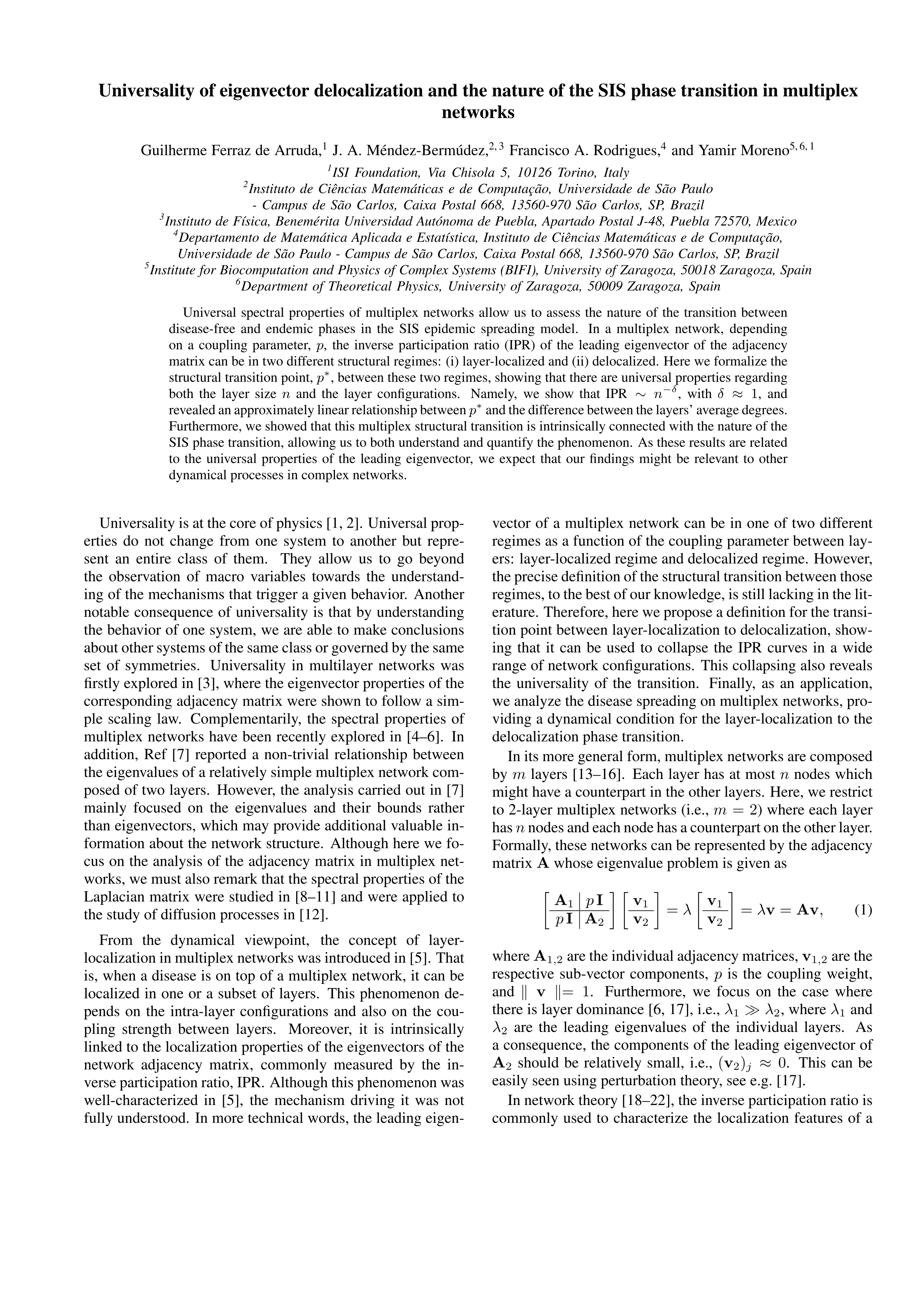 Universality of eigenvector delocalization and the nature of the SIS phase transition in multiplex networks