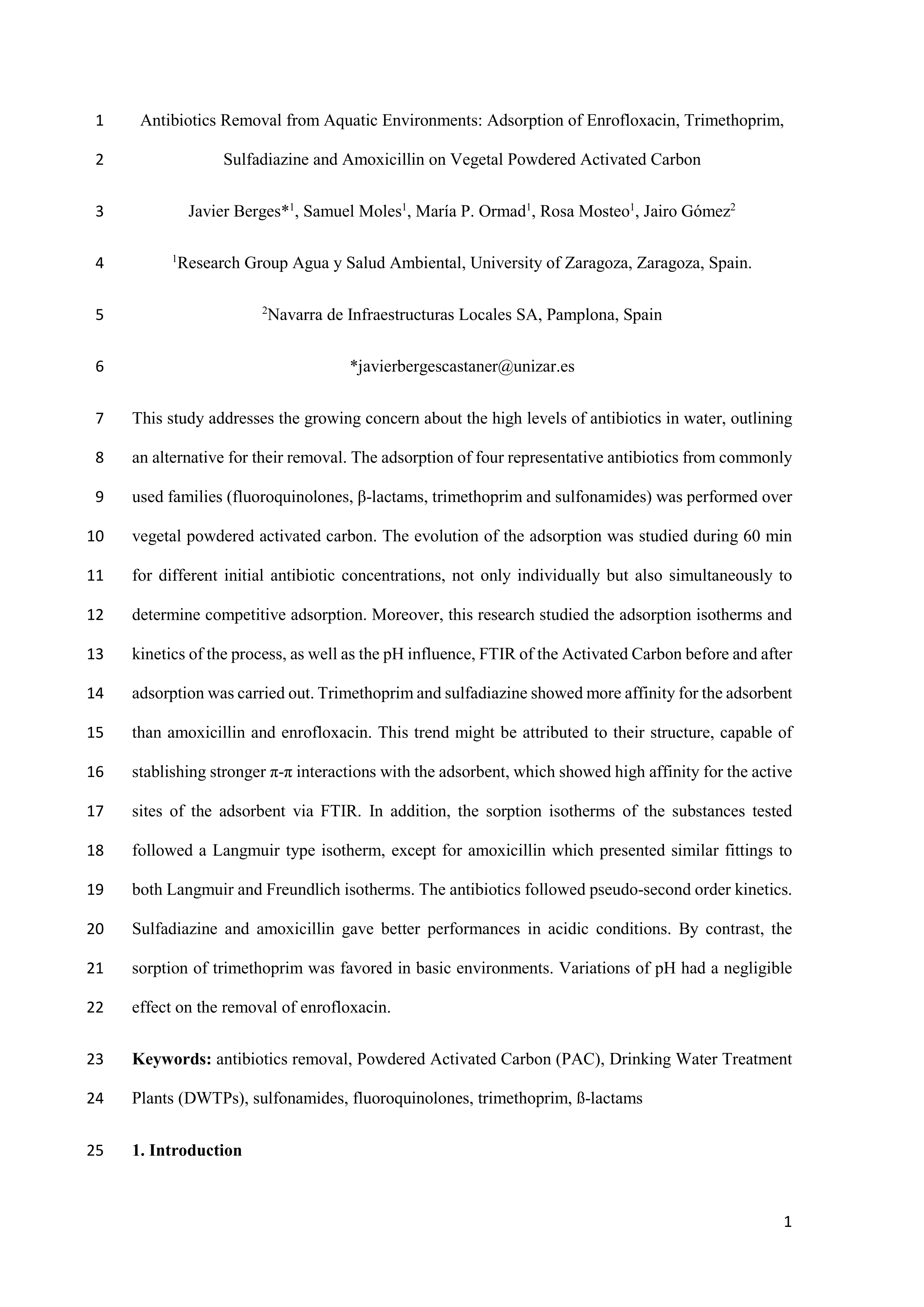 Antibiotics removal from aquatic environments: adsorption of enrofloxacin, trimethoprim, sulfadiazine, and amoxicillin on vegetal powdered activated carbon