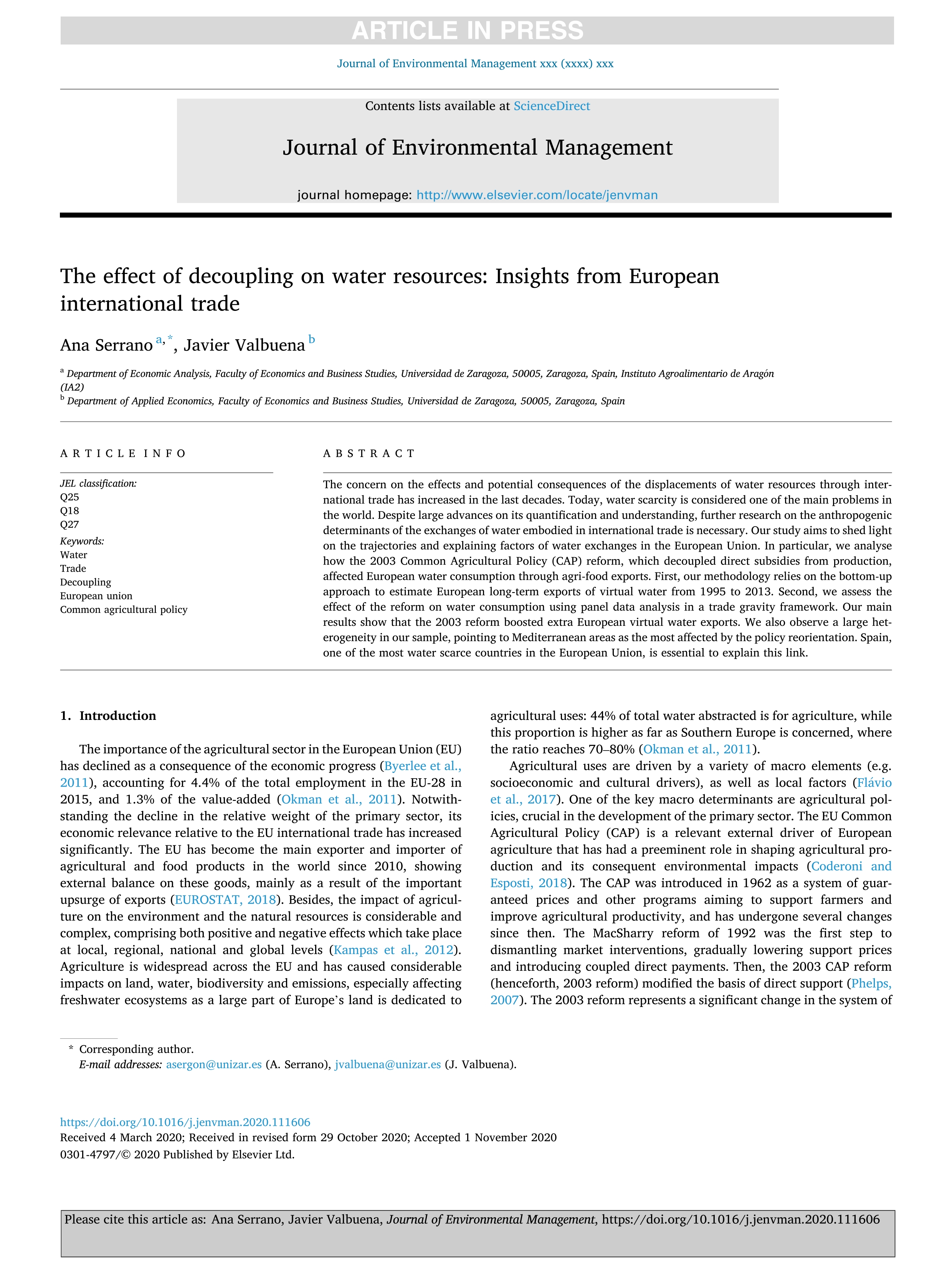 The effect of decoupling on water resources: Insights from European international trade
