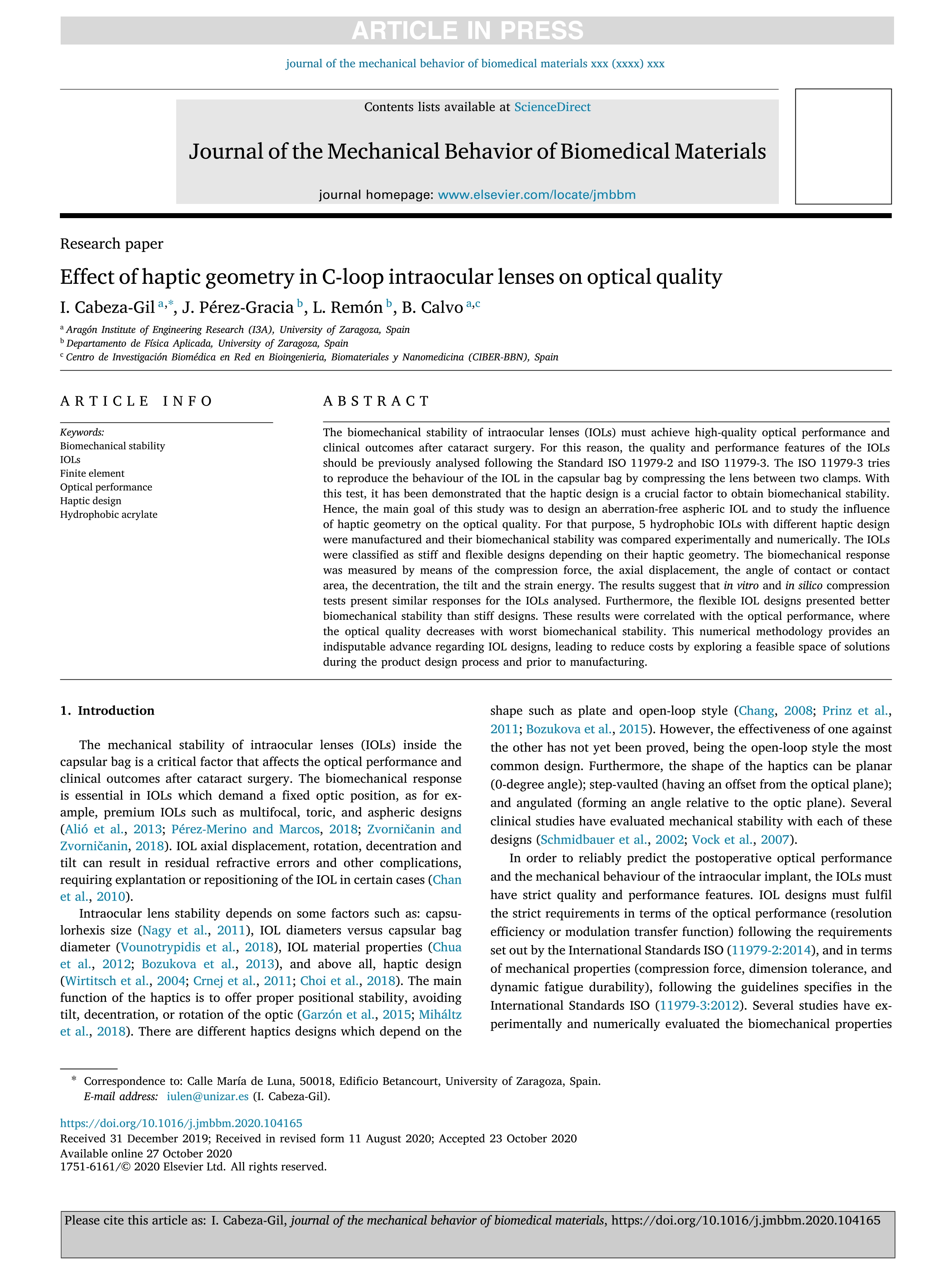 Effect of haptic geometry in C-loop intraocular lenses on optical quality