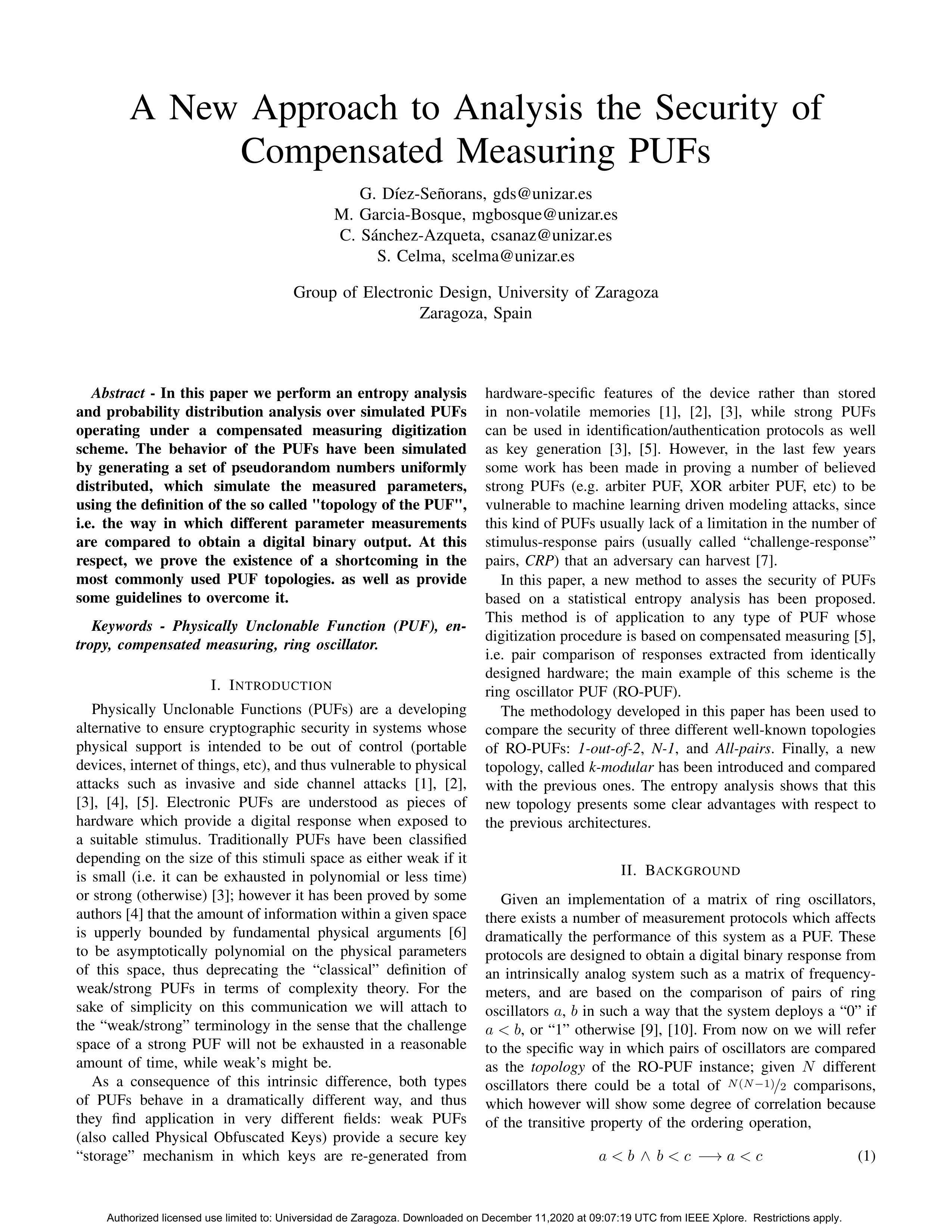 A New Approach to Analysis the Security of Compensated Measuring PUFs