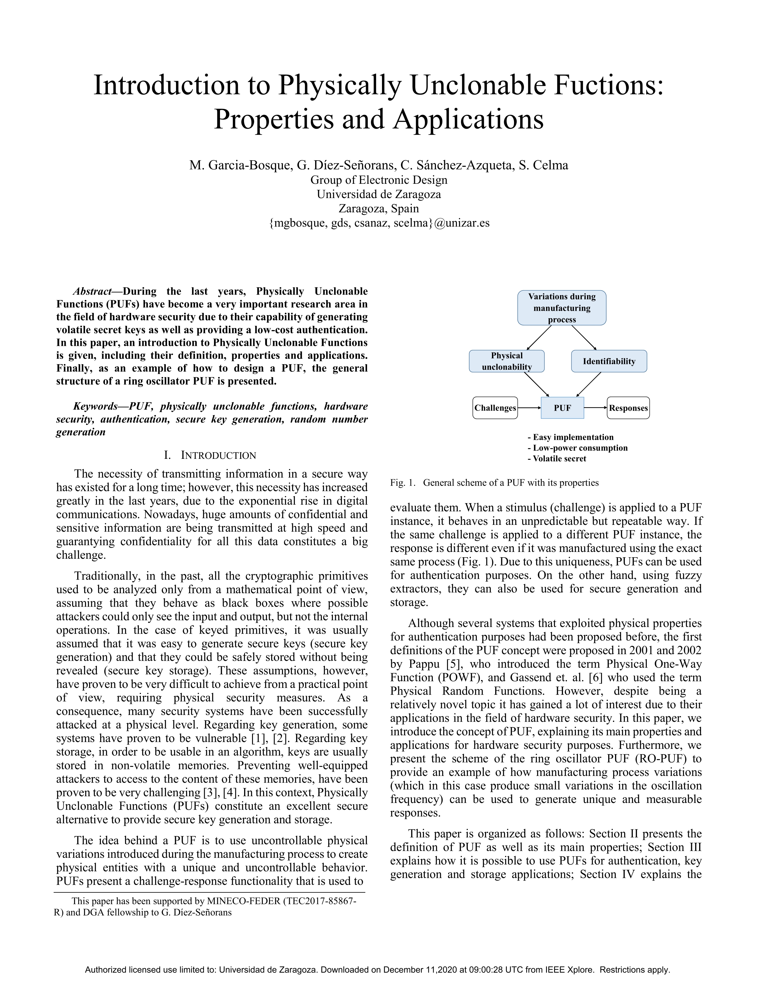 Introduction to Physically Unclonable Fuctions: Properties and Applications