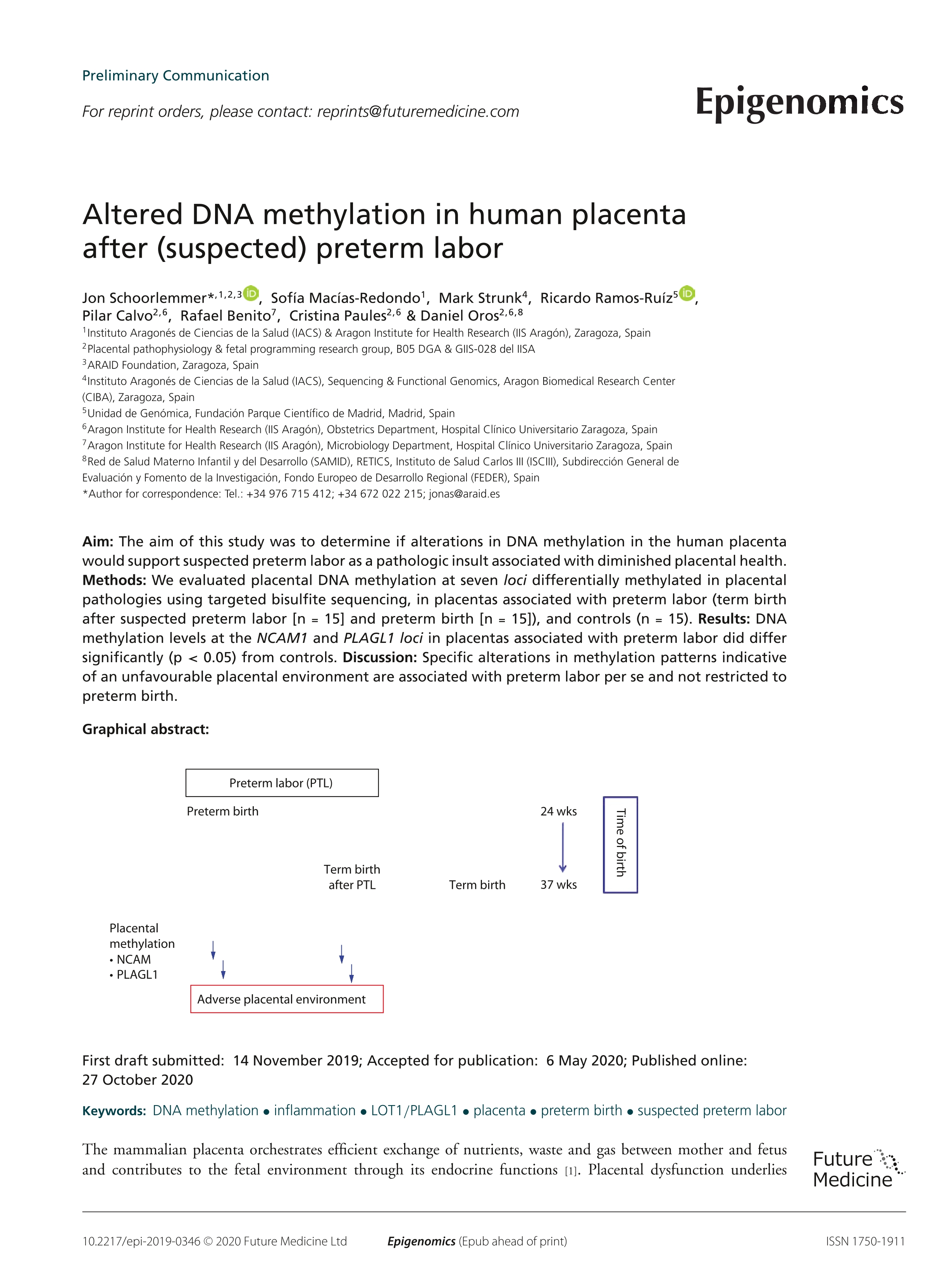 Altered DNA methylation in human placenta after (suspected) preterm labor