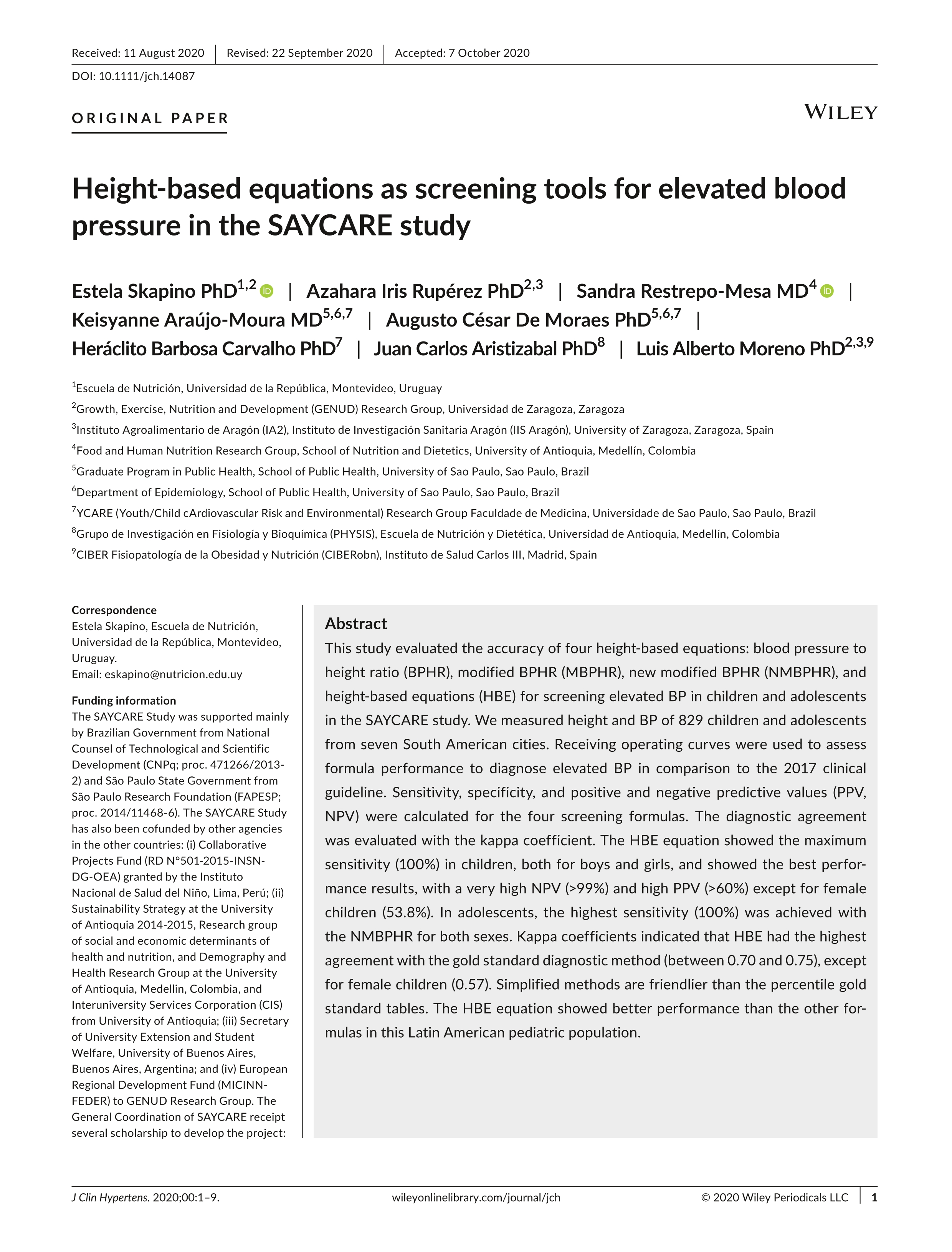 Height-based equations as screening tools for elevated blood pressure in the SAYCARE study